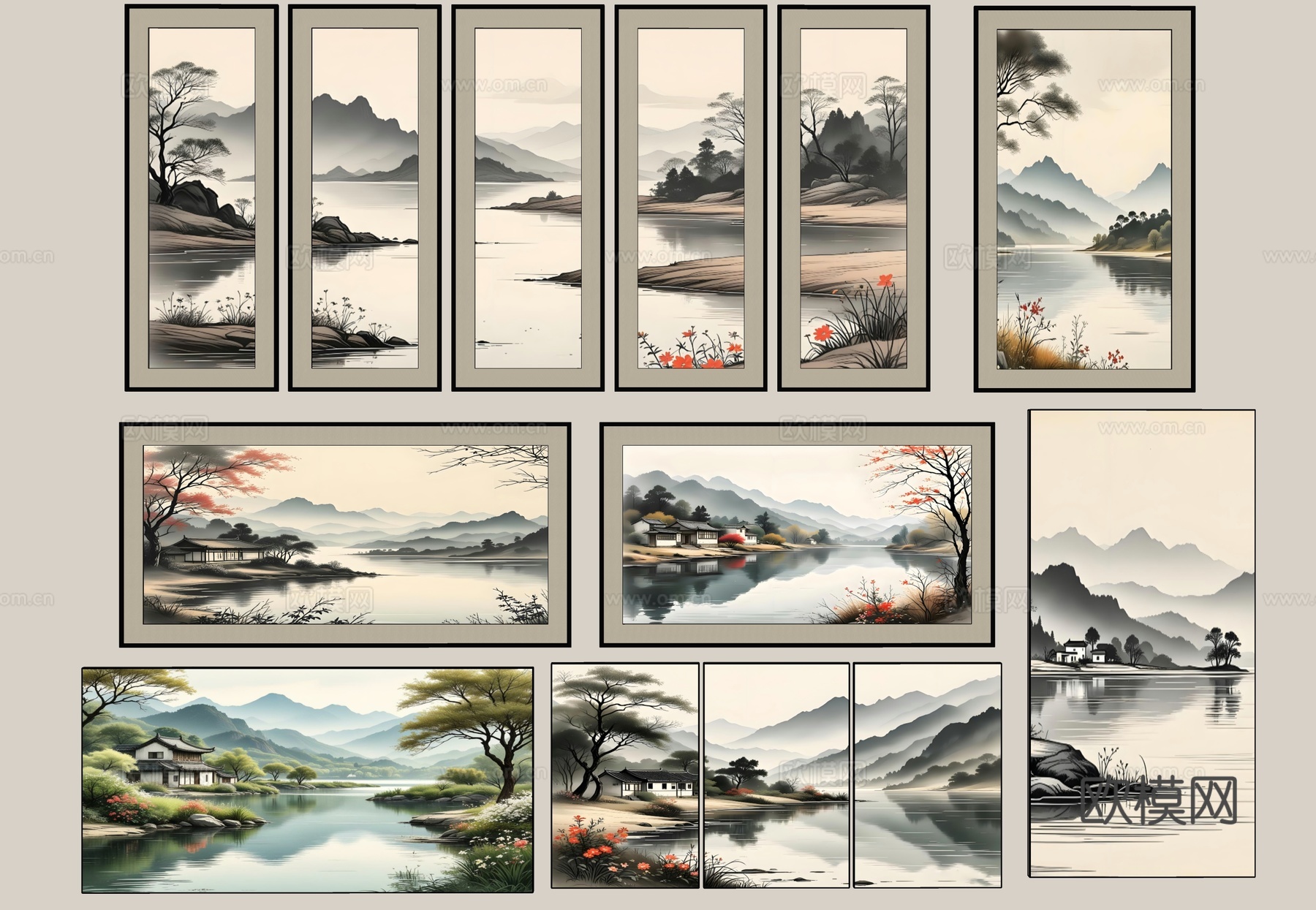 山水挂画 新中式挂画 中式装饰画 组合山水画 客厅挂画 壁画su模型