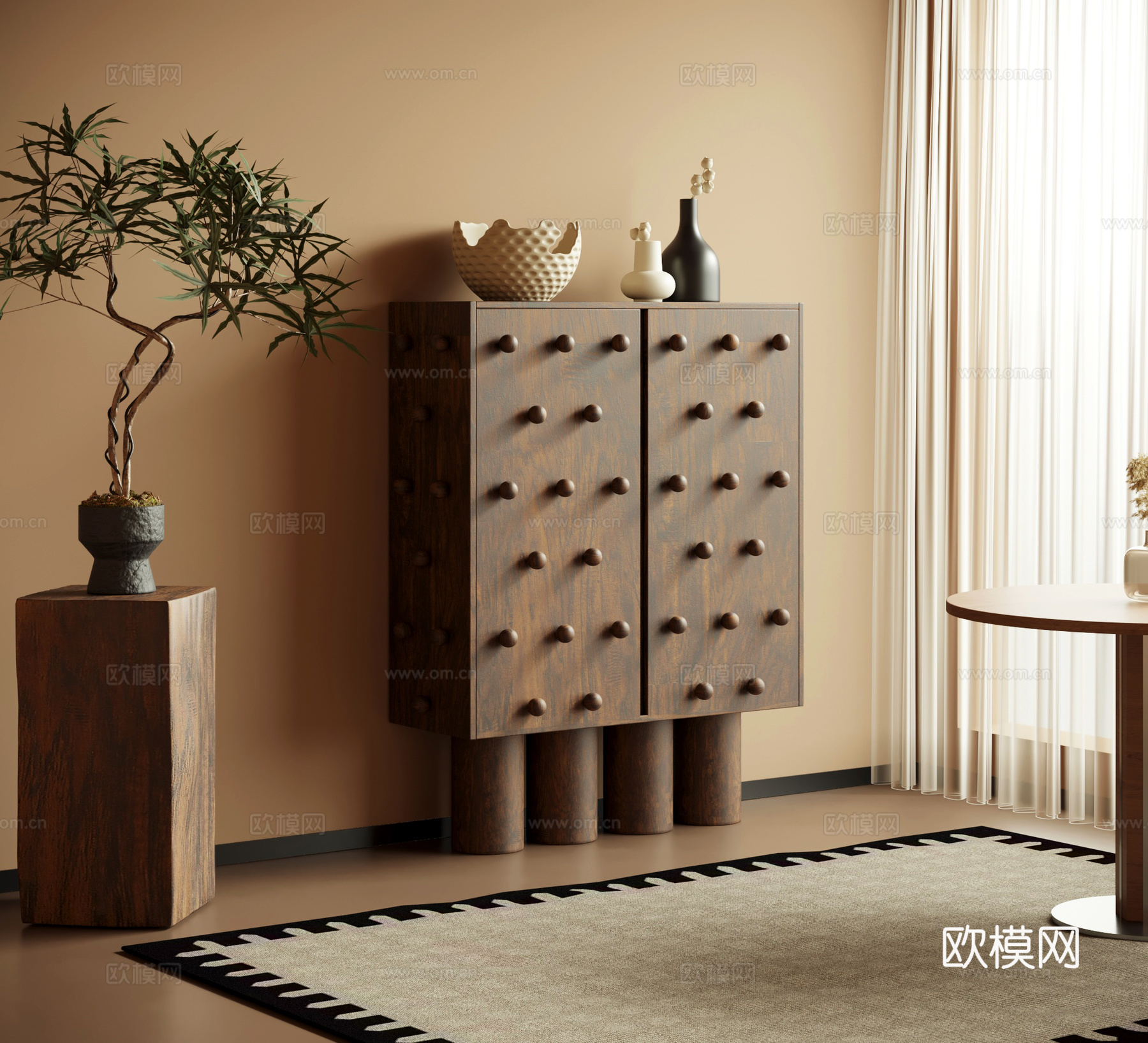 玄关柜 中古风玄关柜 边柜 绿植盆栽su模型