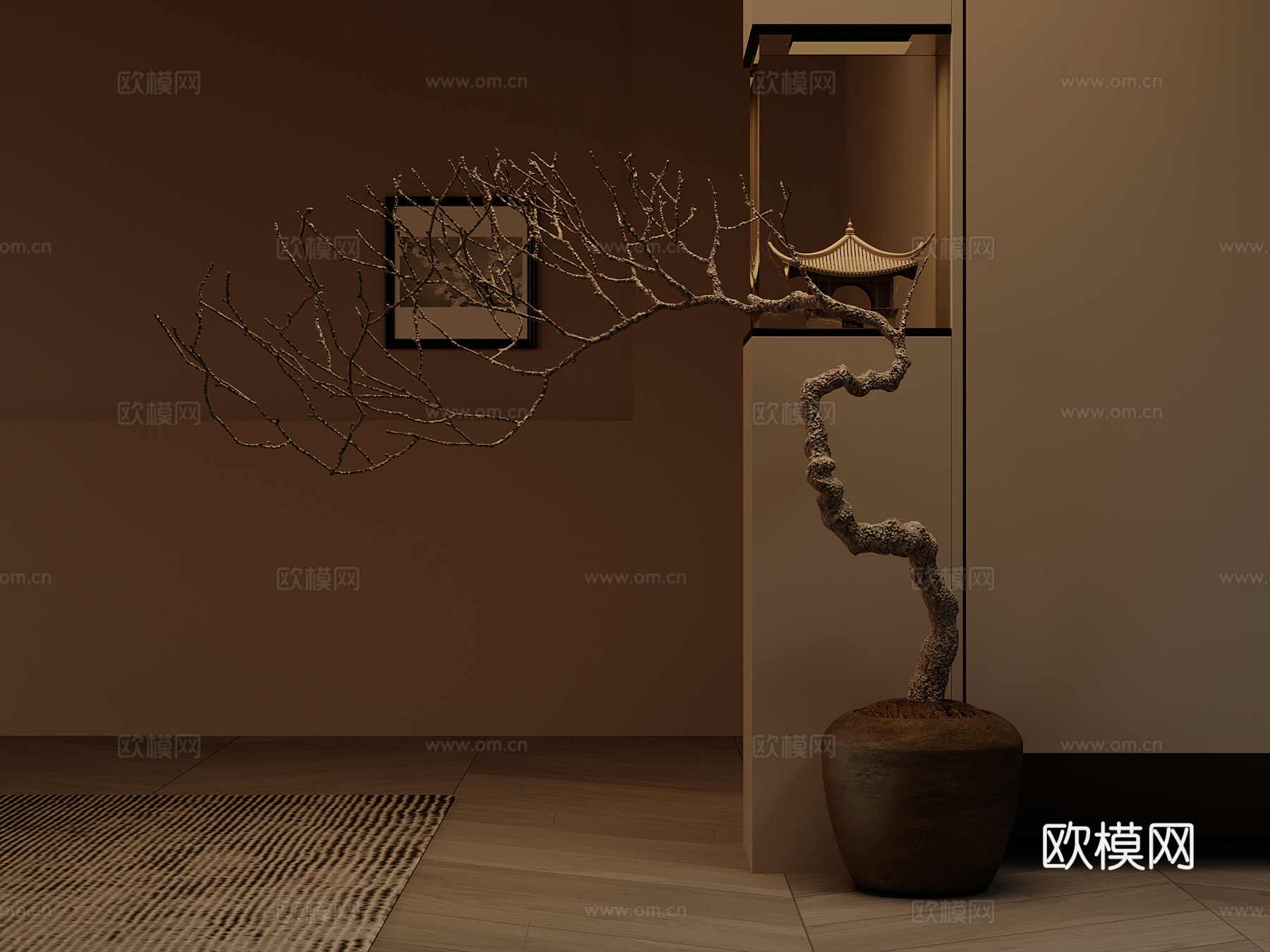 盆栽 新中式室内花瓶 枯枝摆件 装饰3d模型
