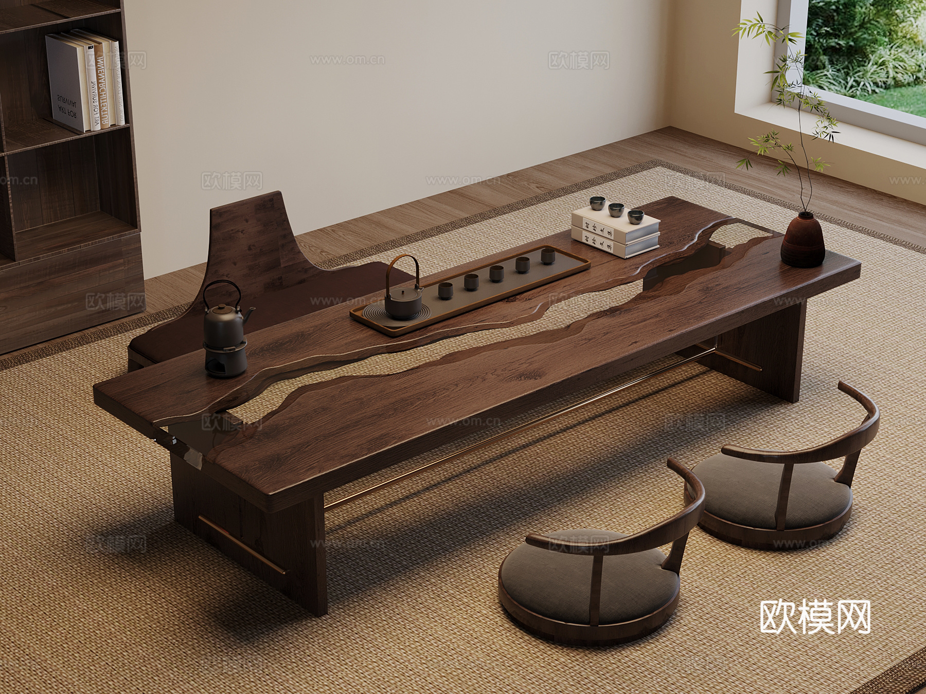 茶桌椅 诧寂风实木茶桌椅 茶具3d模型