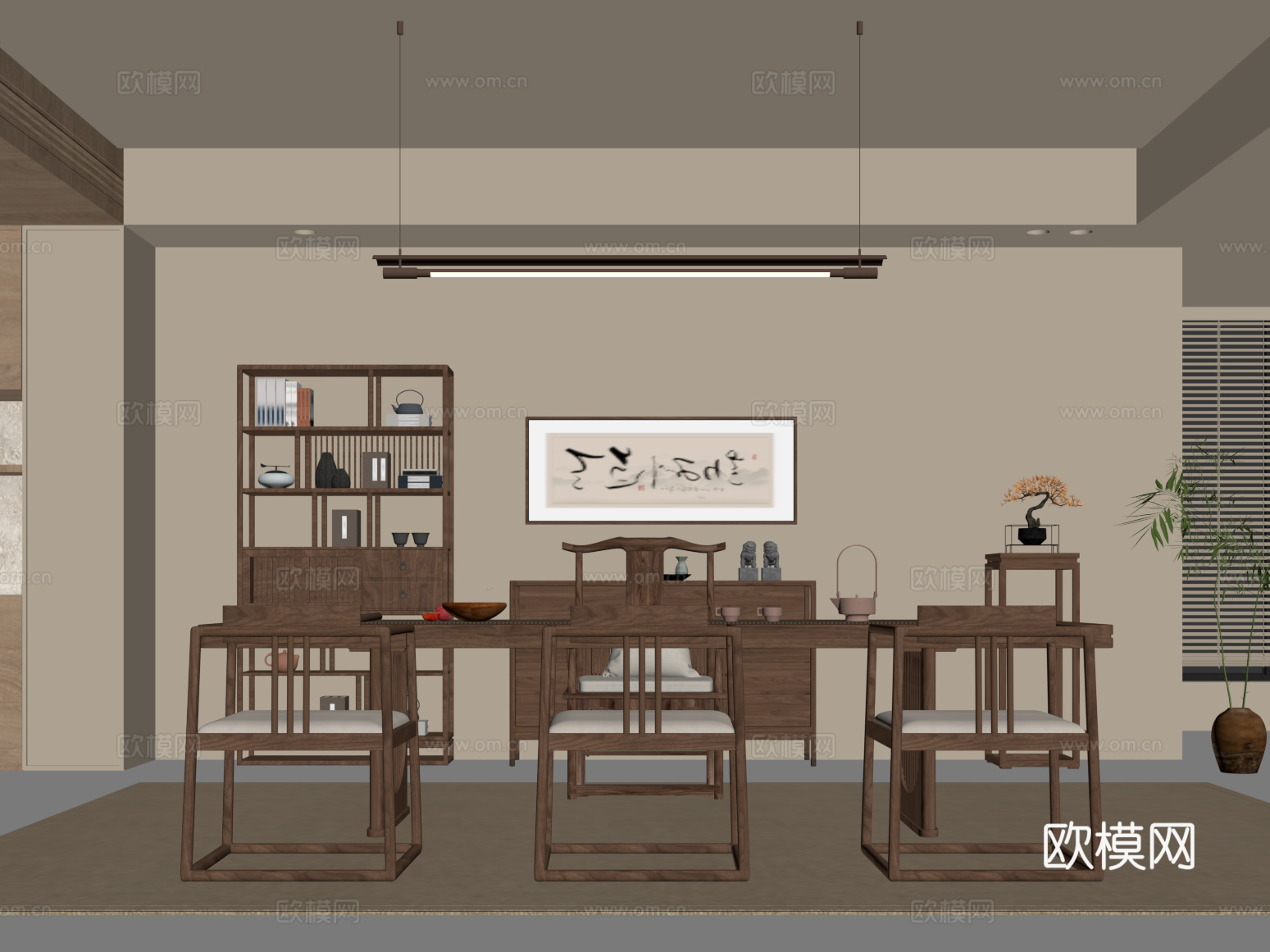 茶室 新中式茶室 茶台博古架su模型