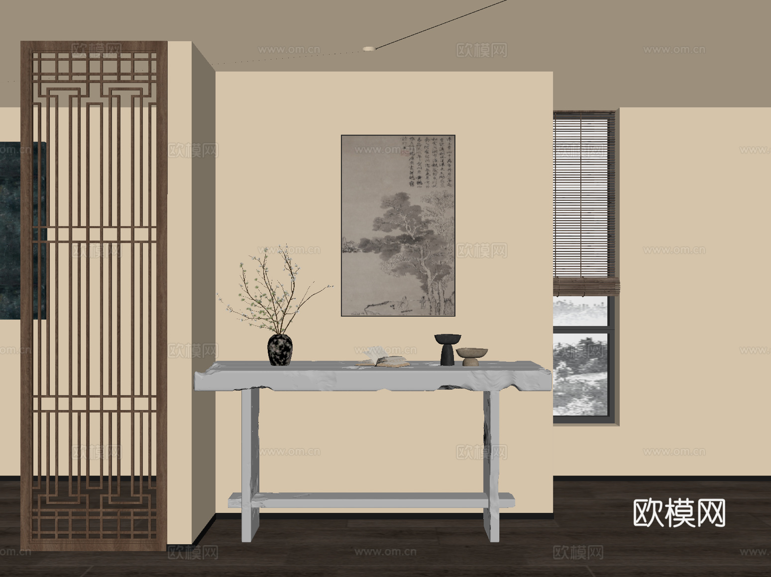 玄关 中古风玄关 端景台 装饰画su模型