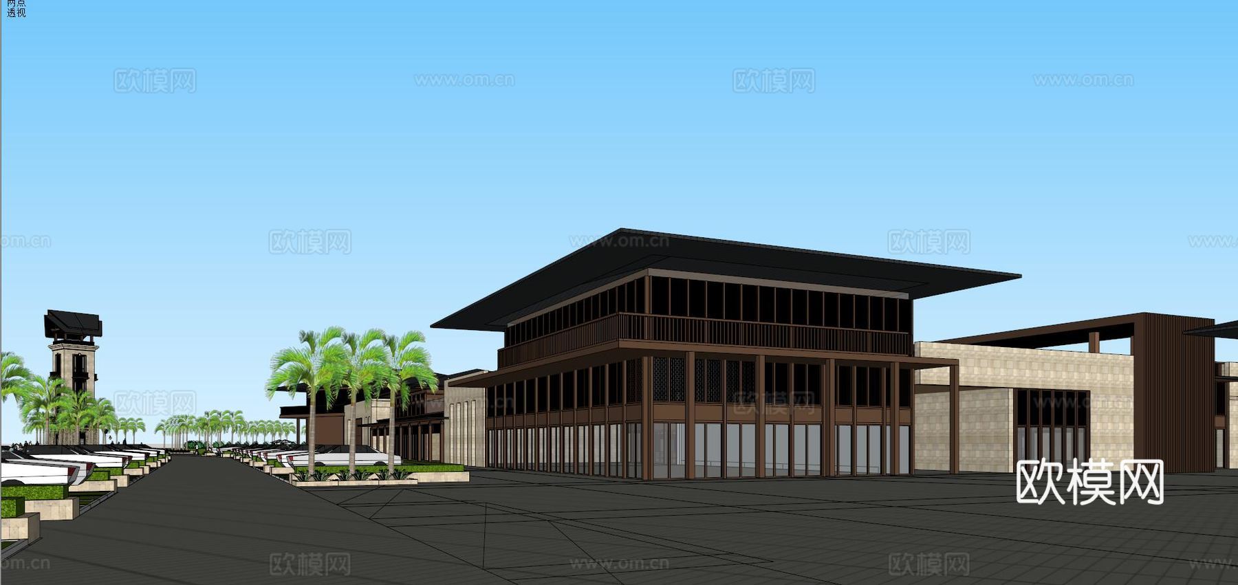 度假村中式会所+商业街su模型