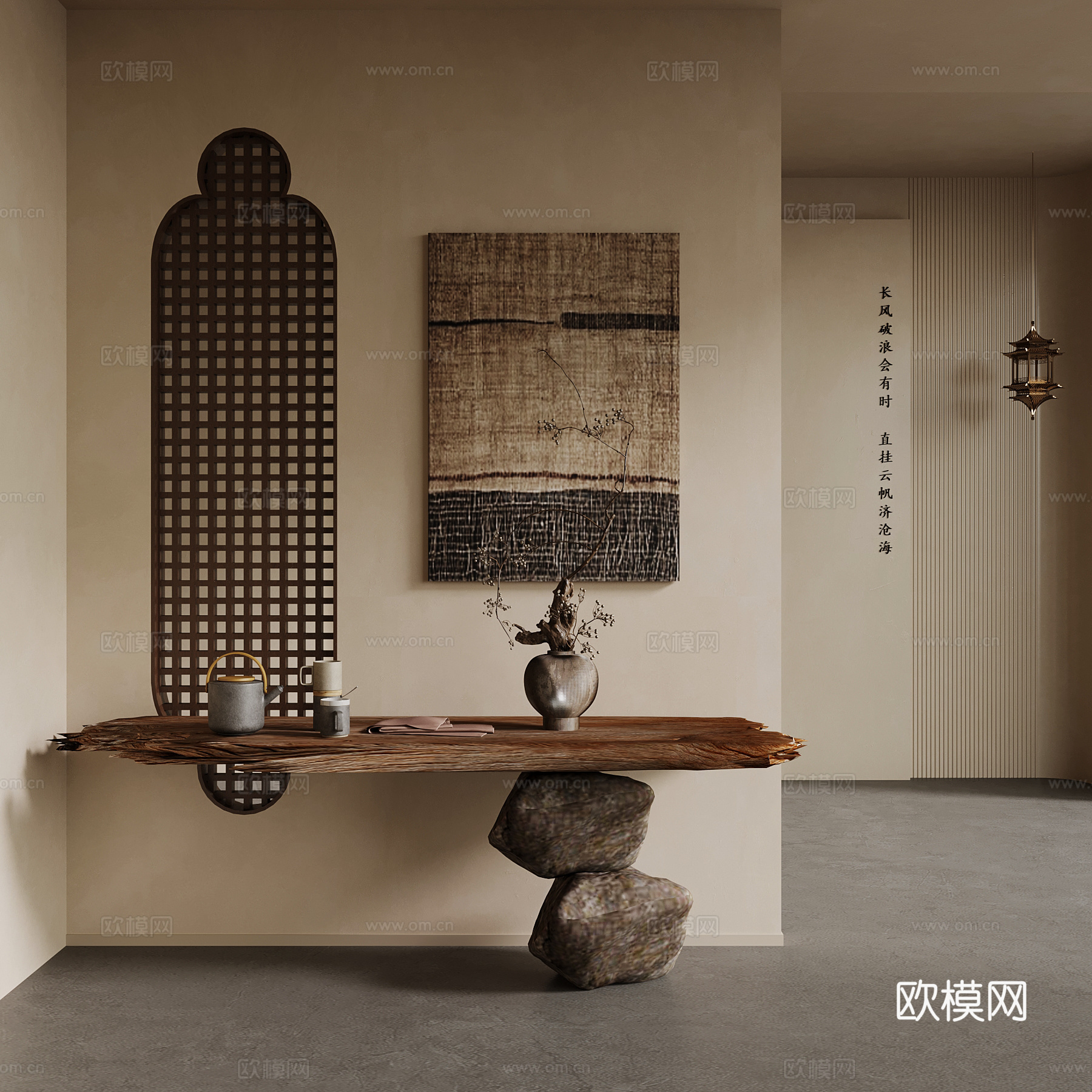 中古风玄关隔断 新中式玄关隔断  端景台 花瓶 装饰画su模型