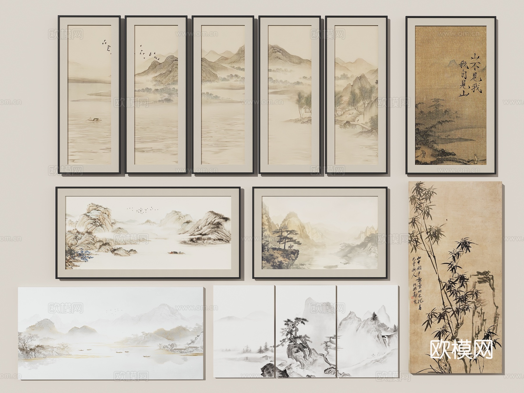 山水挂画 新中式挂画 中式装饰画 组合山水画 客厅挂画 壁画3d模型