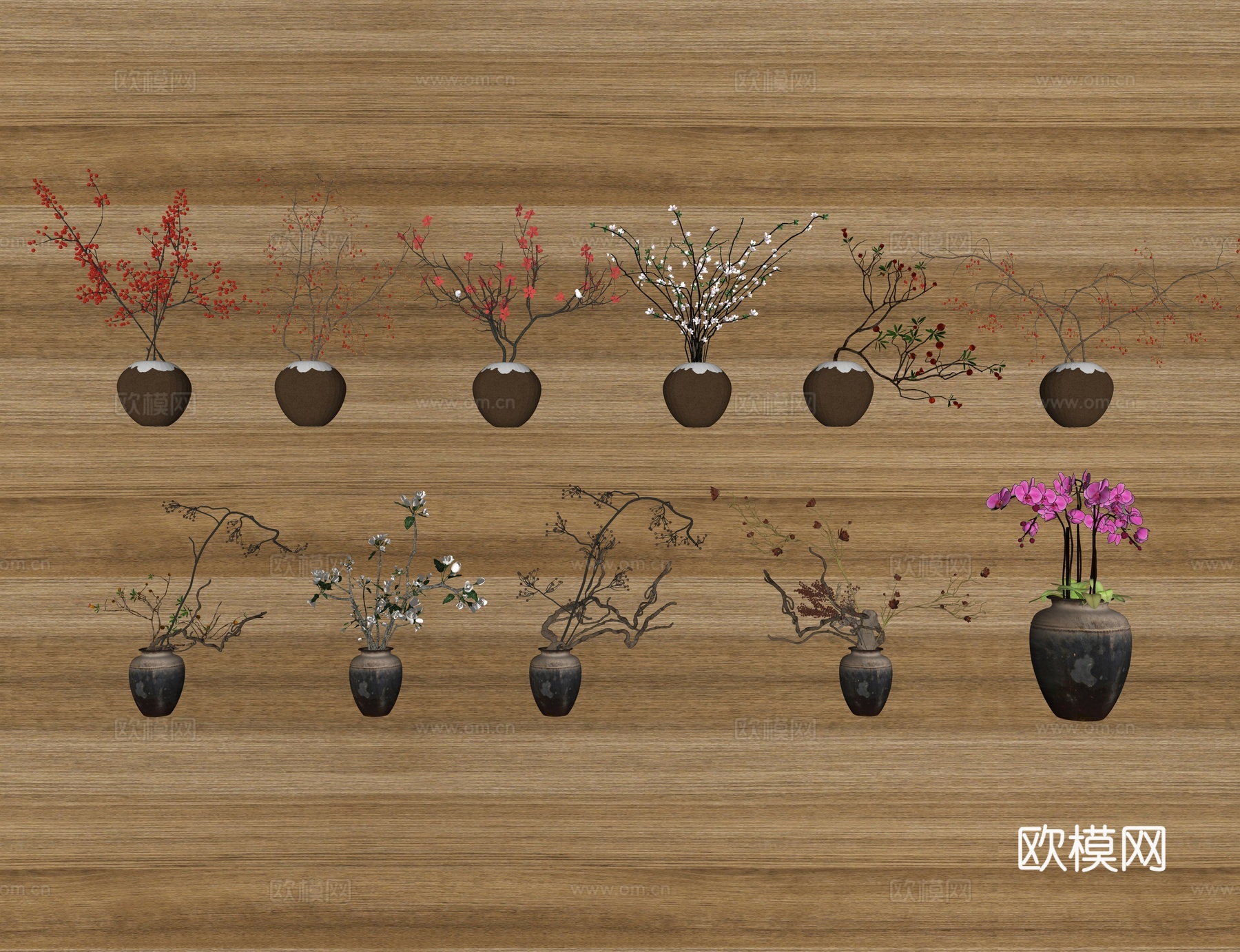 新中式中古花艺 花艺 干枝枯枝 陶罐花瓶 中古花艺 插花 花su模型