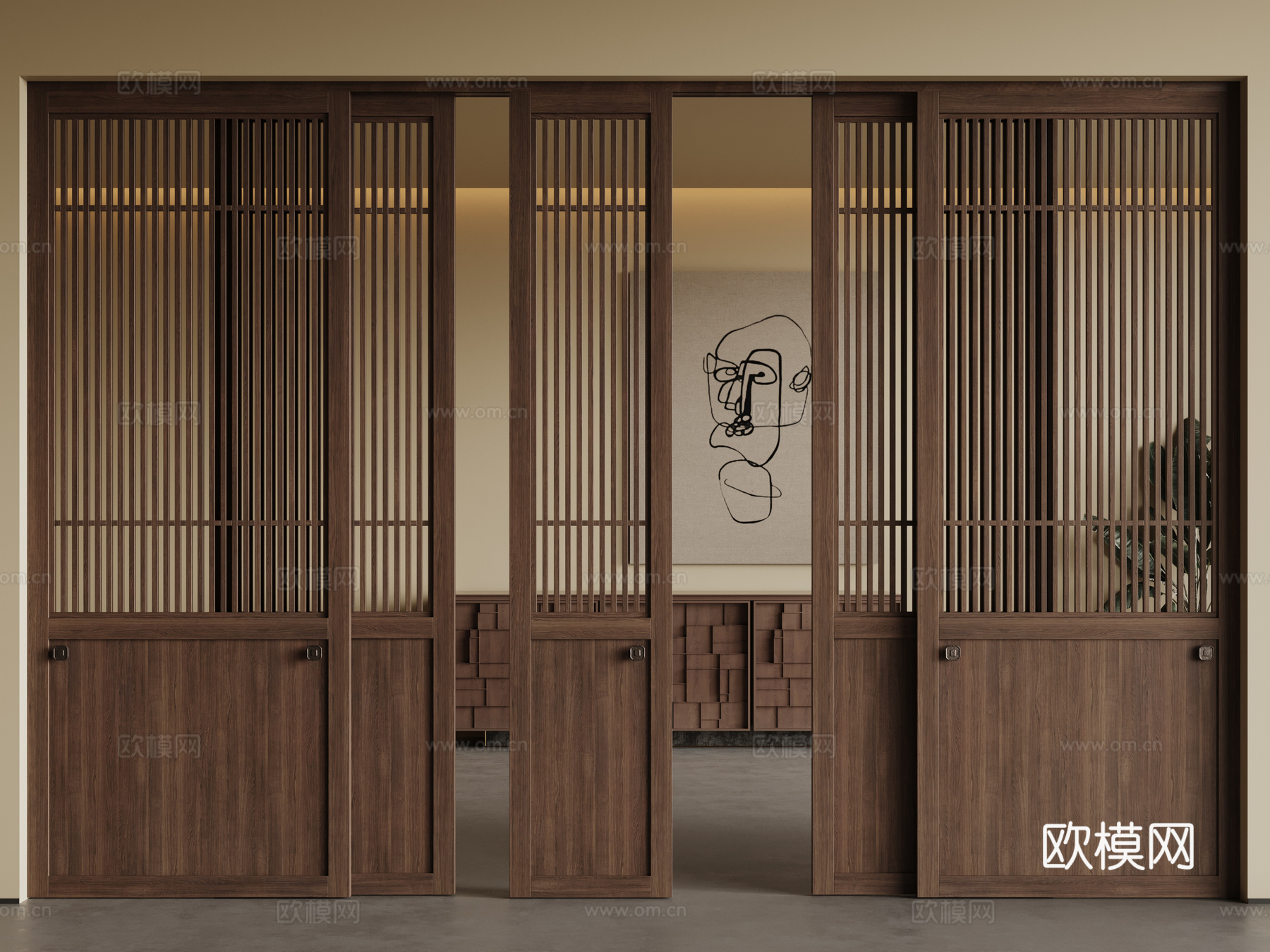 中古侘寂推拉门 藤编木移门su模型