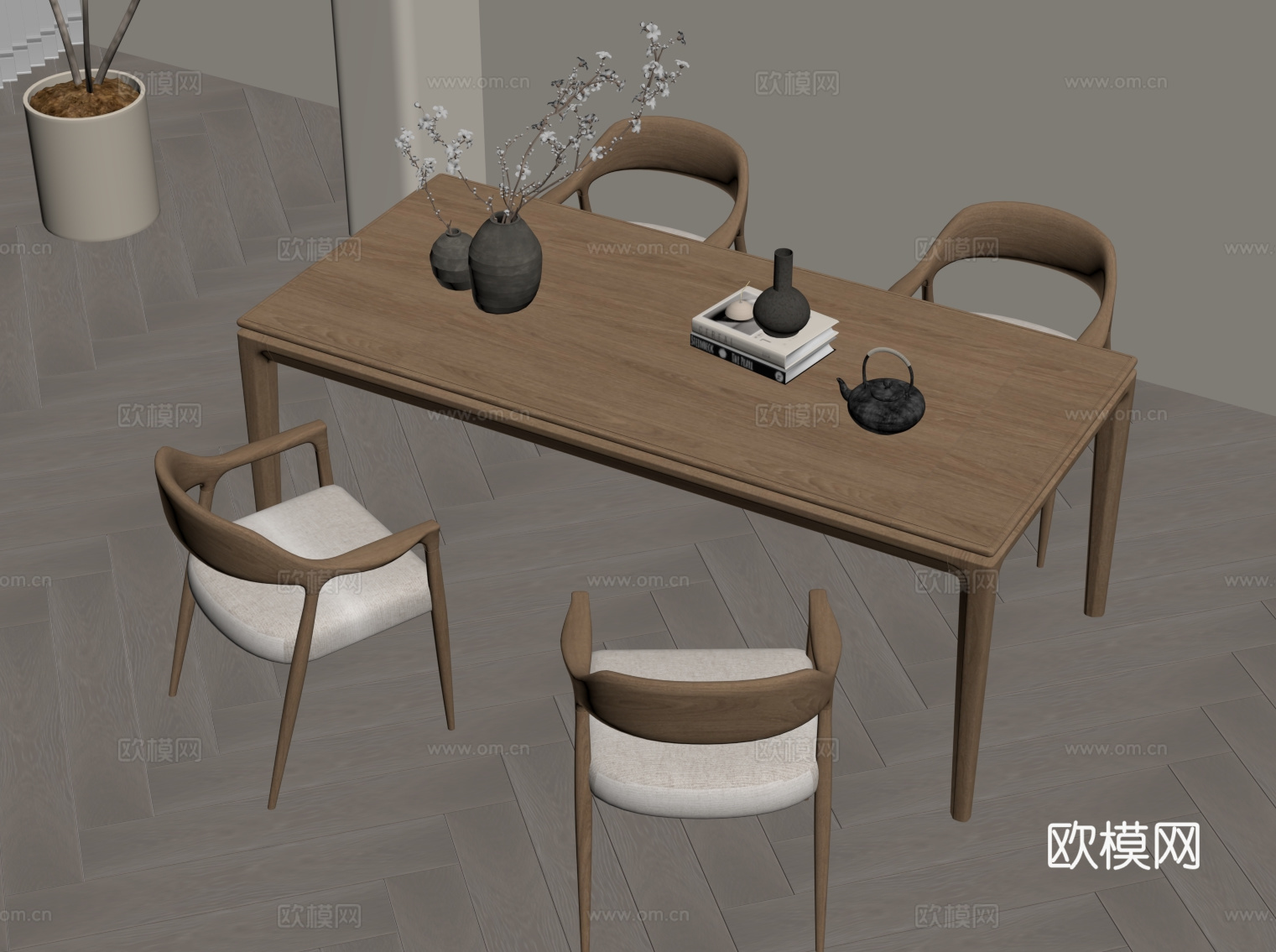 茶桌椅 新中式实木餐桌椅su模型