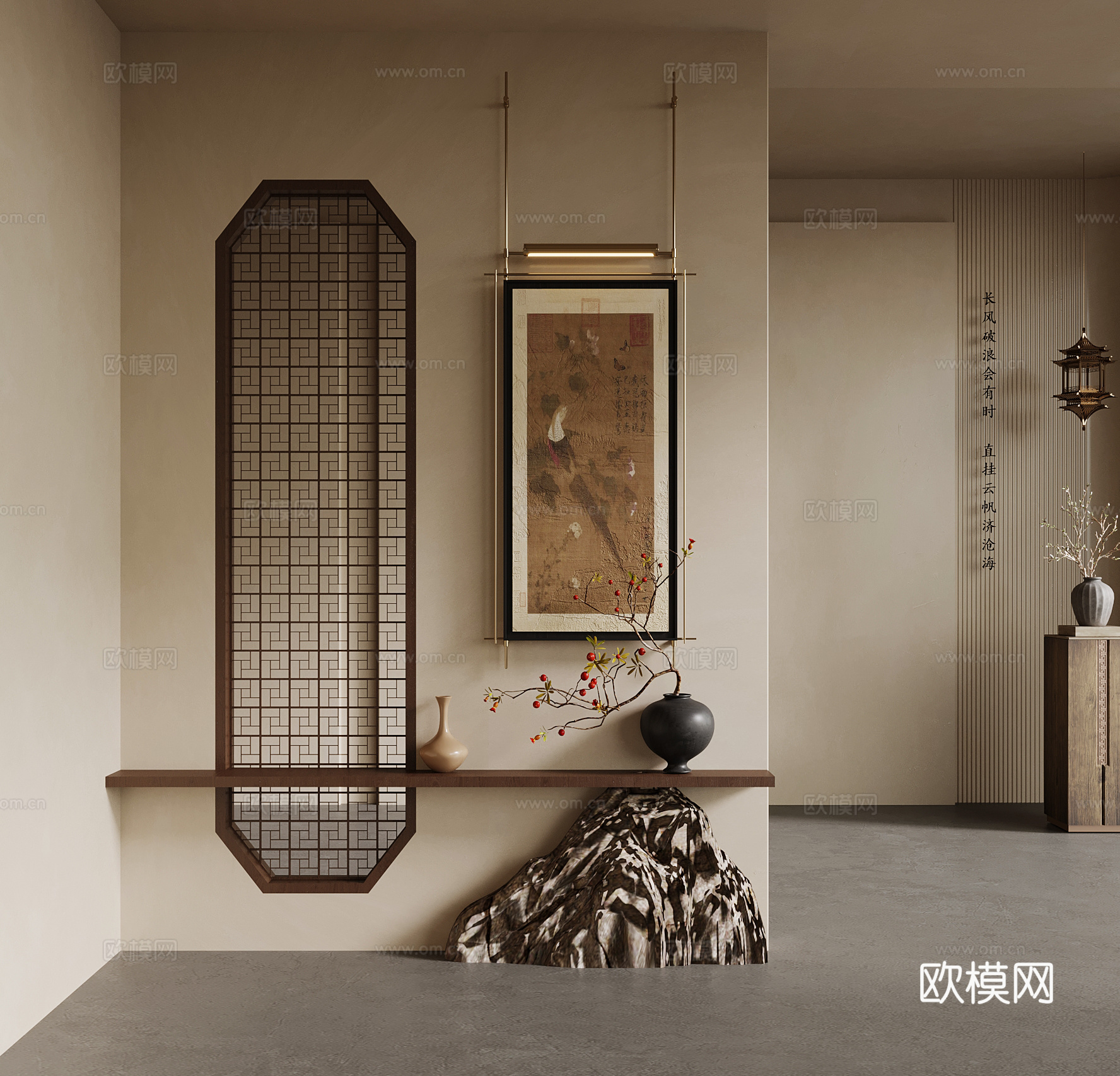 中古风玄关隔断 新中式玄关隔断  端景台 花瓶 装饰画su模型