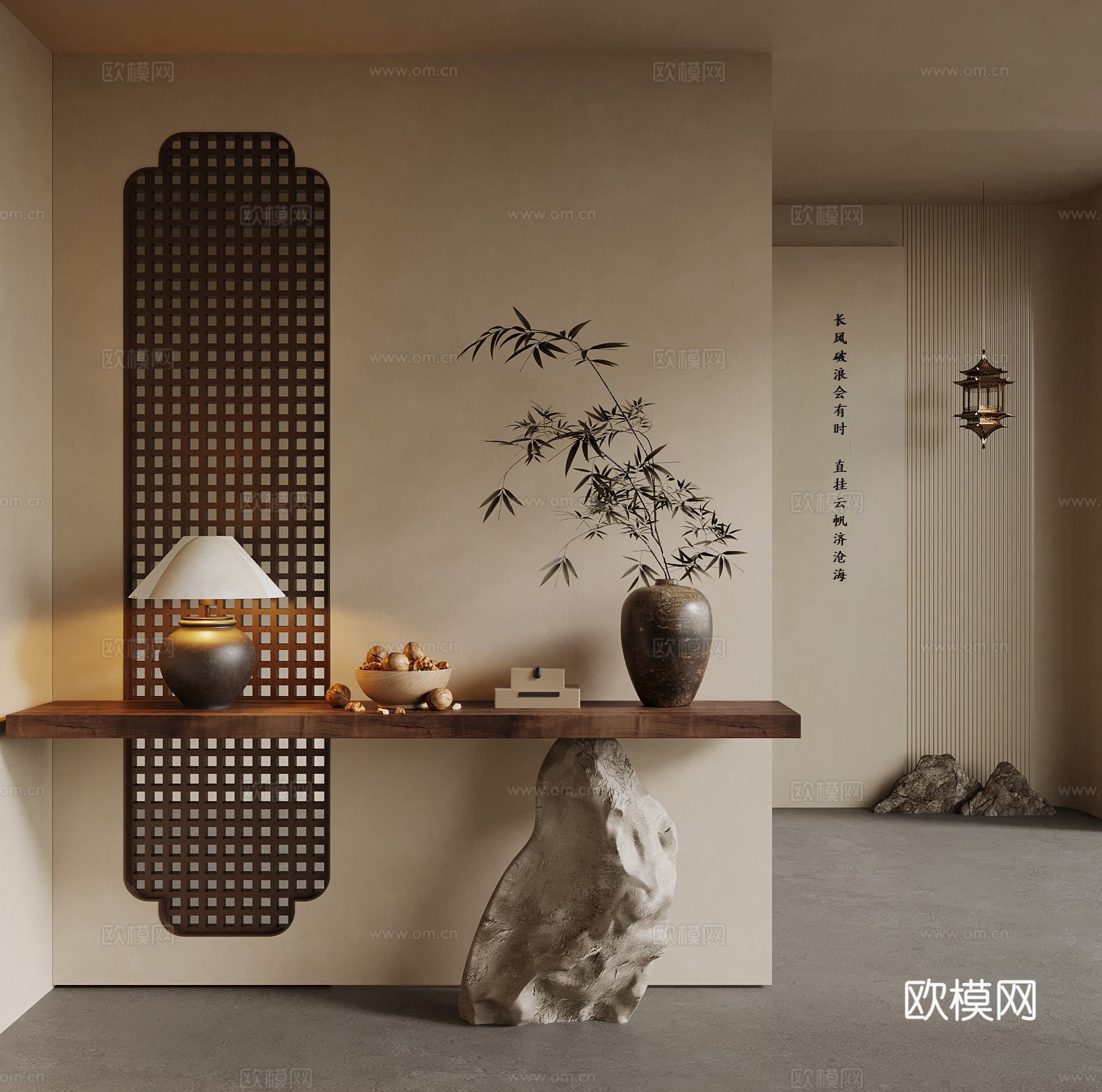 中古风玄关隔断 新中式玄关隔断  端景台 花瓶 装饰画su模型