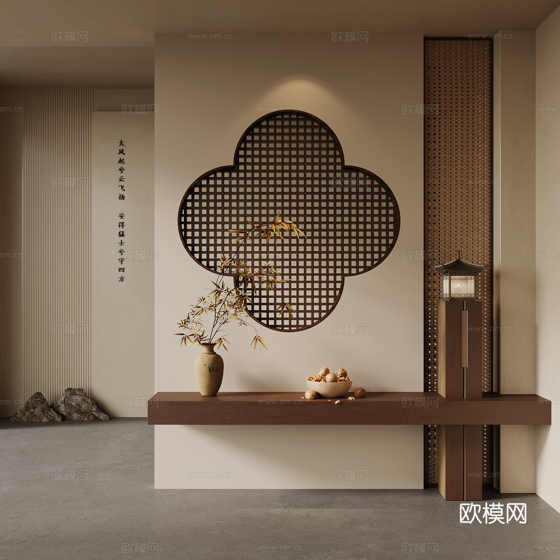 中古风玄关隔断 新中式玄关隔断  端景台 花瓶 装饰画3d模型