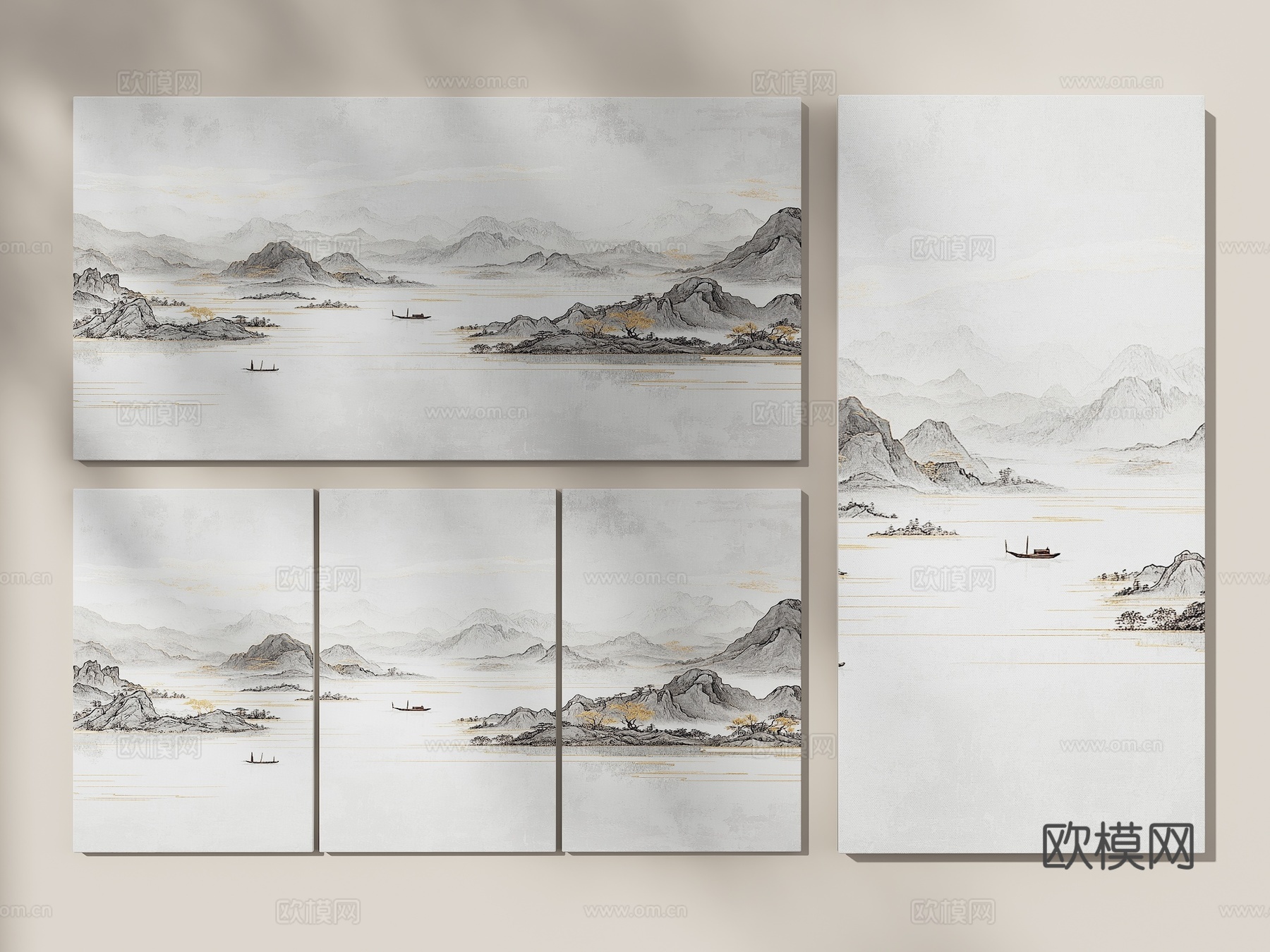 山水挂画 新中式挂画 中式装饰画 组合山水画 客厅挂画 壁画3d模型