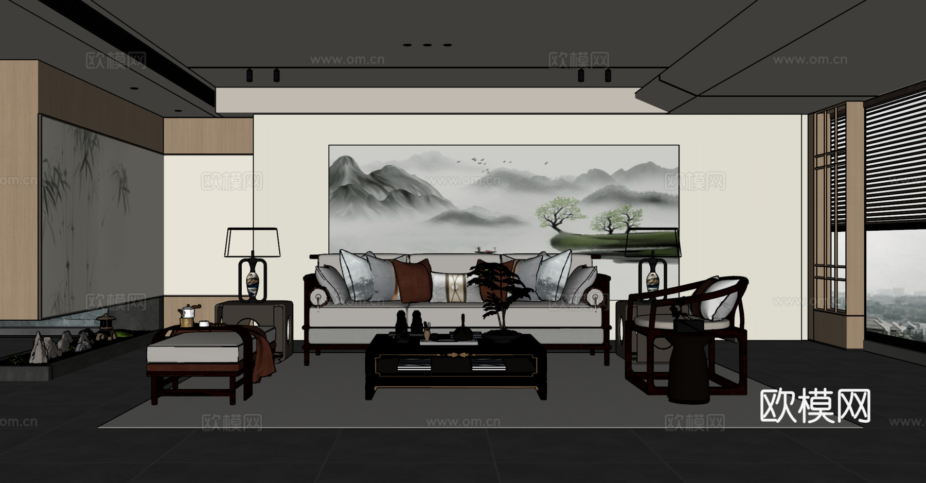 新中式客厅 沙发茶几组合 绿植 饰品摆件 台灯 背景墙su模型