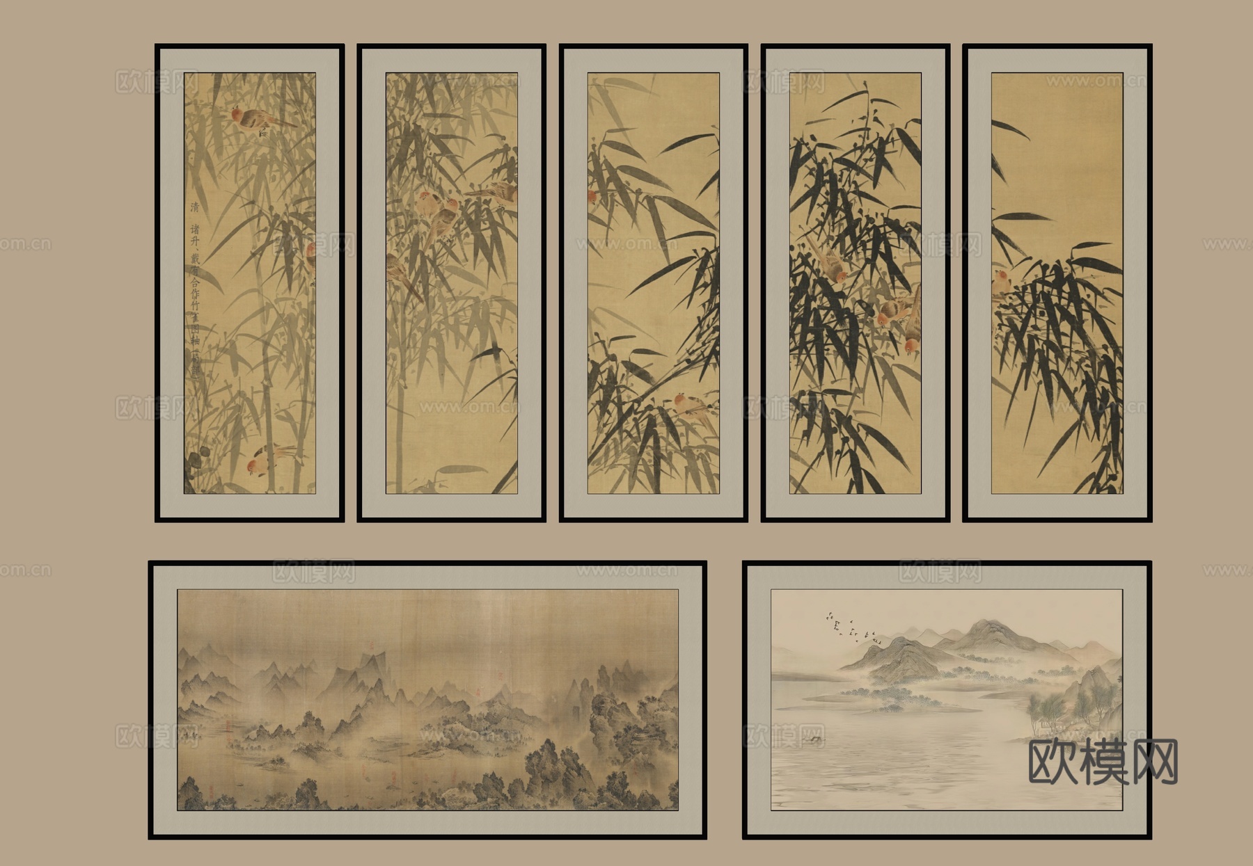 山水挂画 新中式挂画 中式装饰画 组合山水画 客厅挂画 壁画su模型