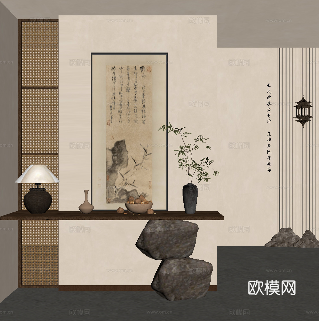 中古风玄关隔断 新中式玄关隔断  端景台 花瓶 装饰画su模型