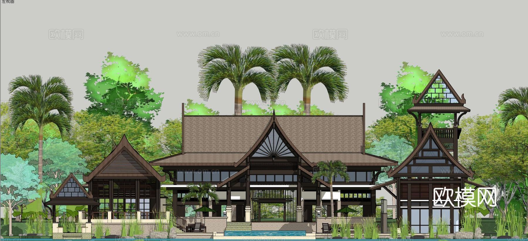 傣式风格滨水休闲度假会所su模型