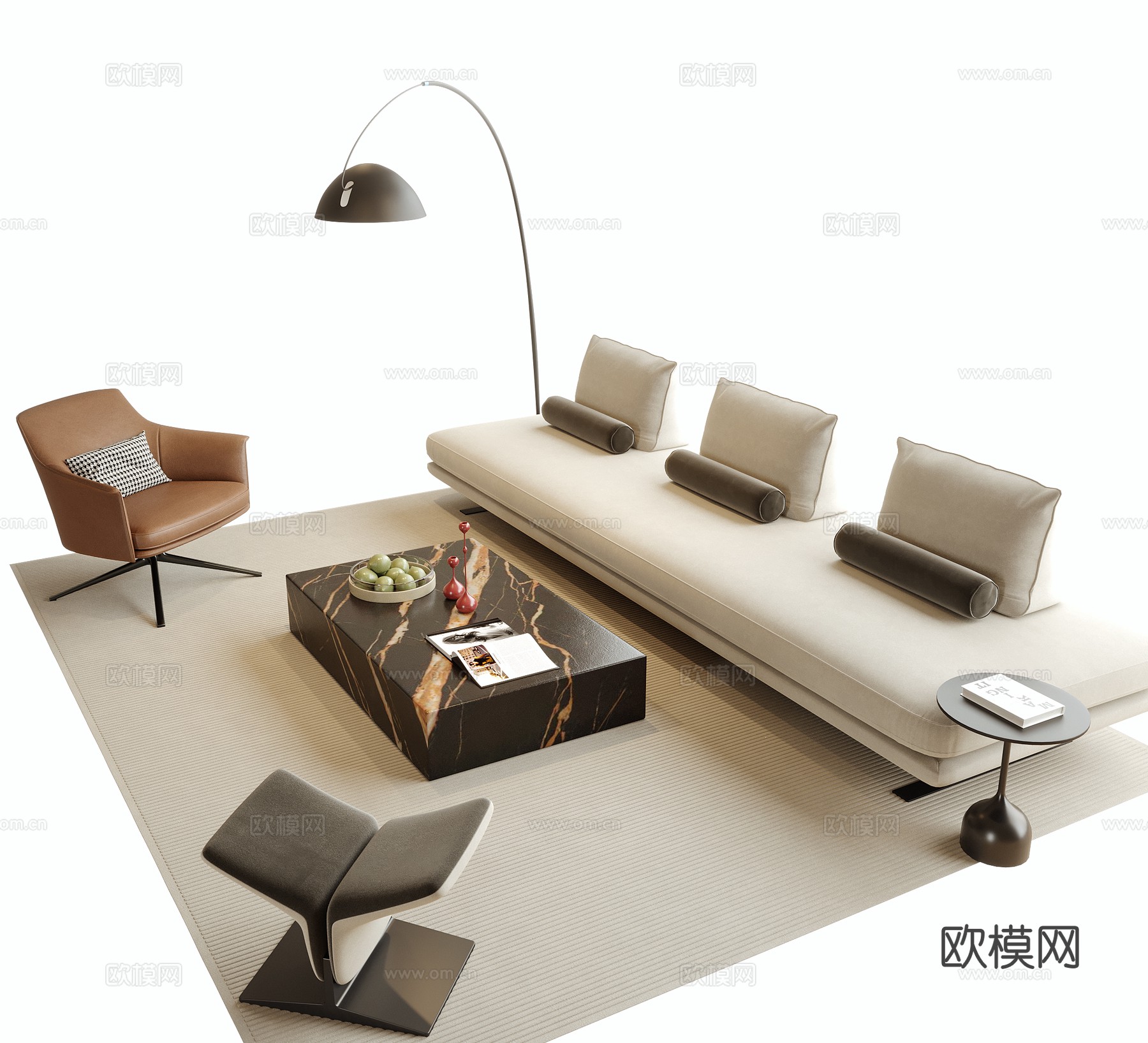 现代沙发茶几组合 三人沙发 落地灯su模型