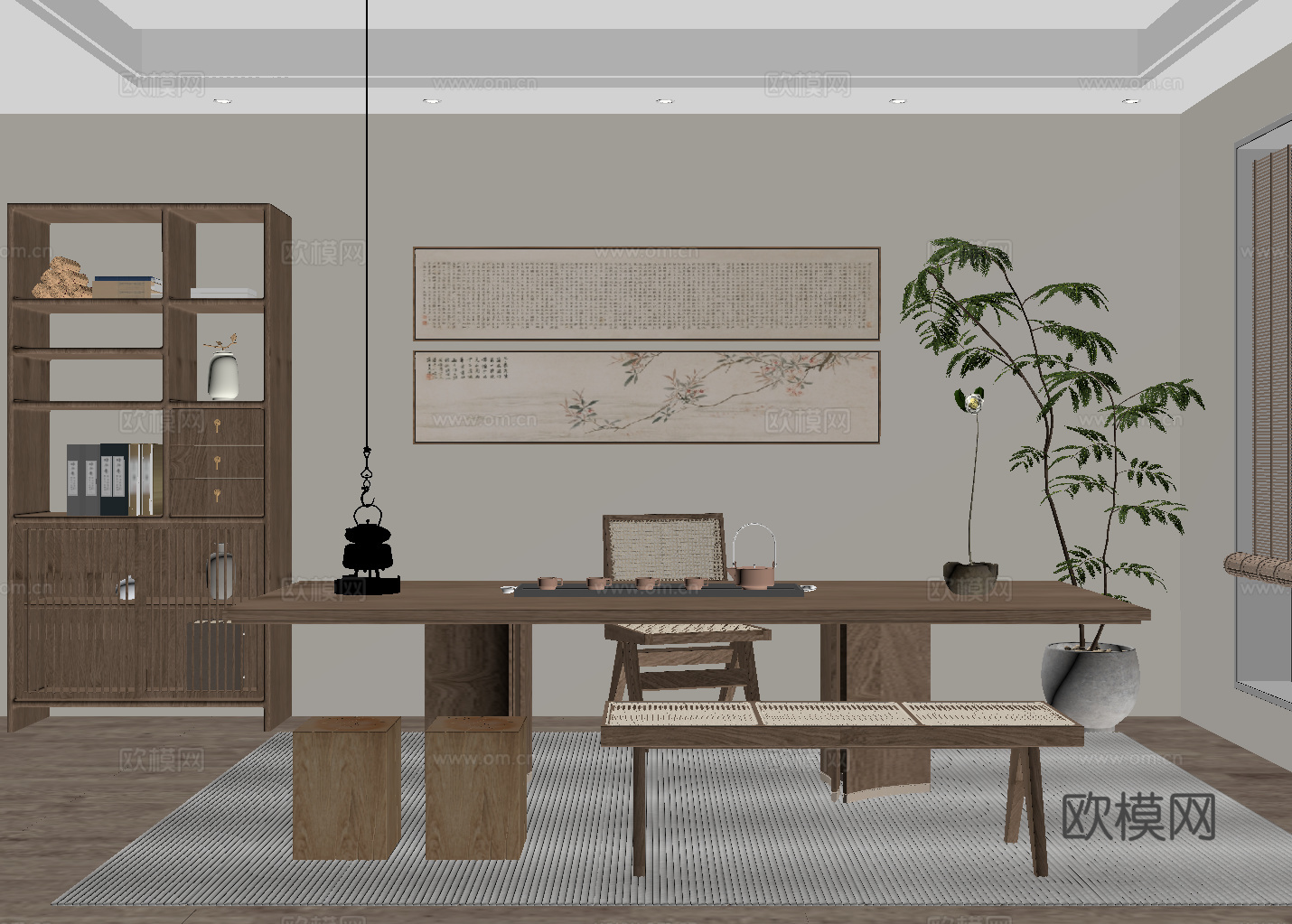 茶室 新中式茶室 茶桌椅 茶柜 装饰画su模型