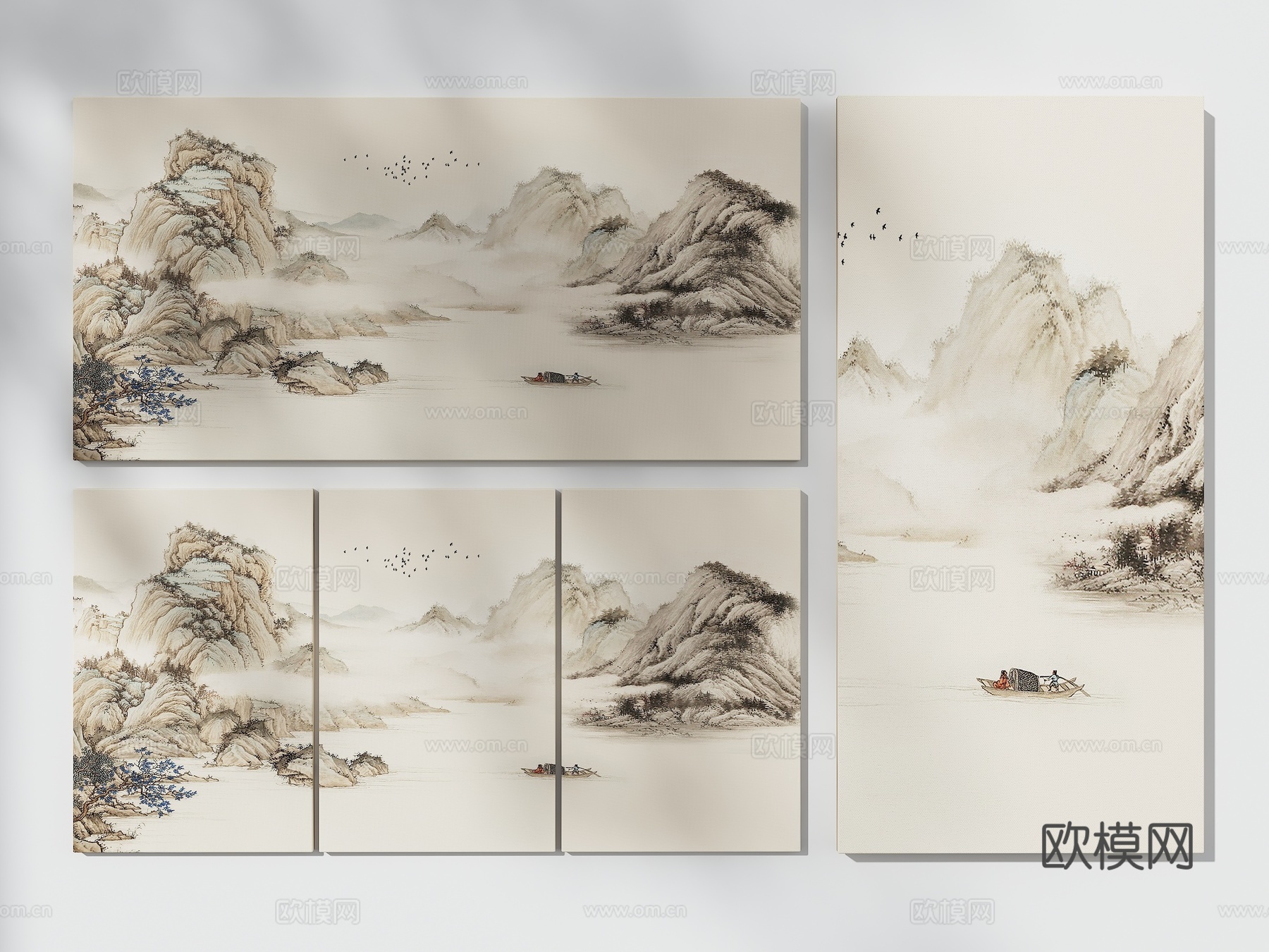 山水挂画 新中式挂画 中式装饰画 组合山水画 客厅挂画 壁画3d模型