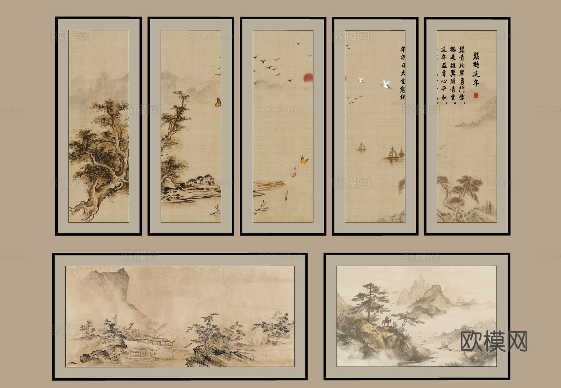 山水挂画 新中式挂画 中式装饰画 组合山水画 客厅挂画 壁画su模型