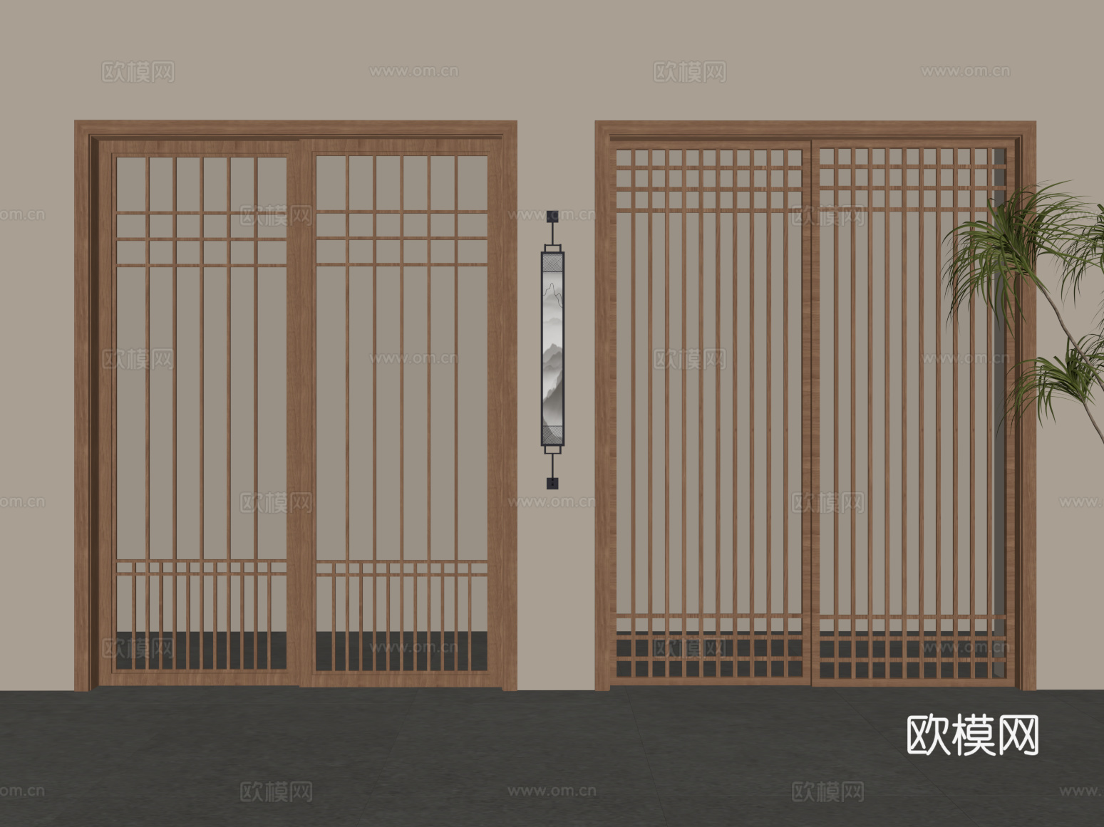 推拉门 新中式推拉门 壁灯su模型