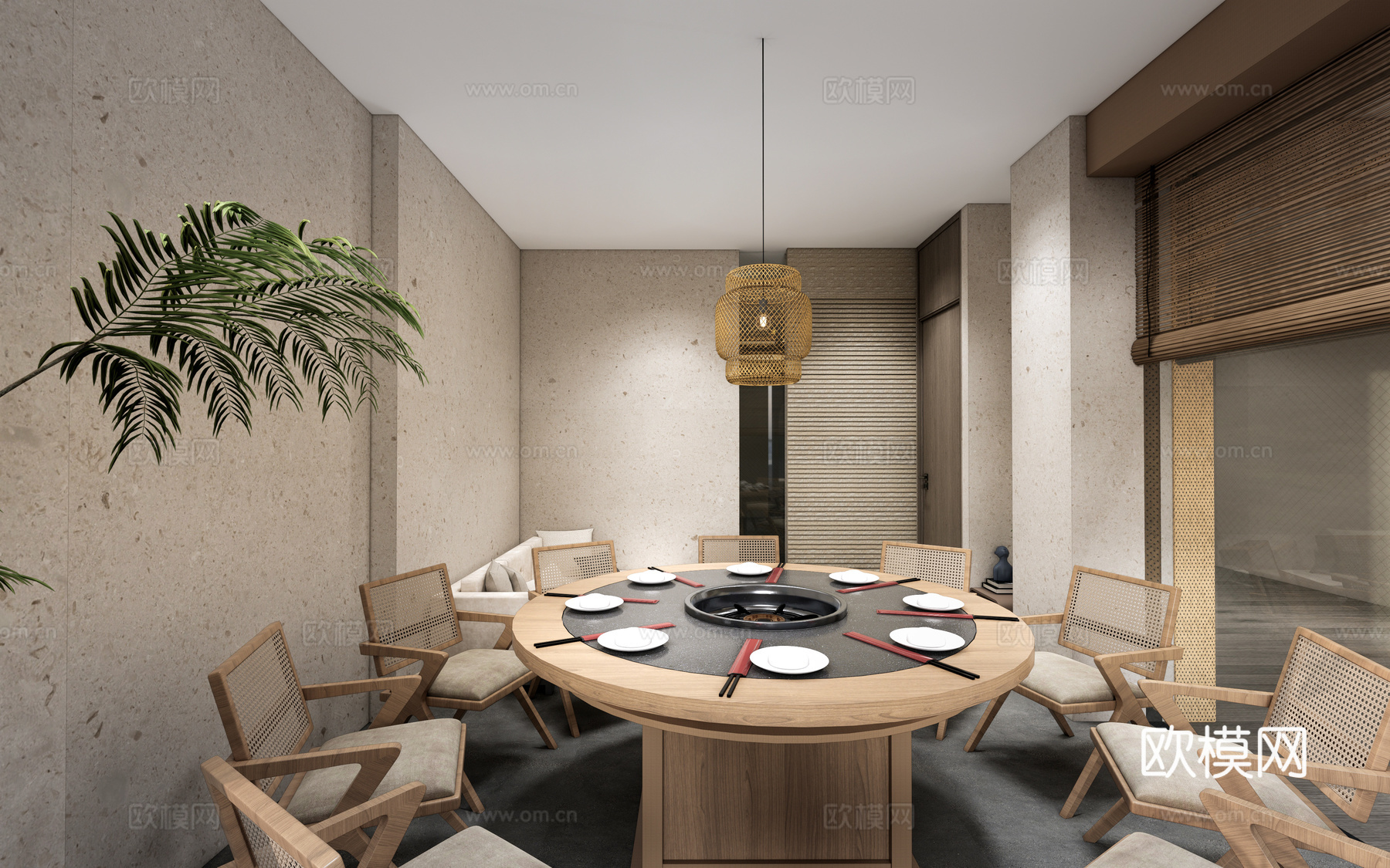 新中式包厢 餐厅包间 包厢桌椅su模型