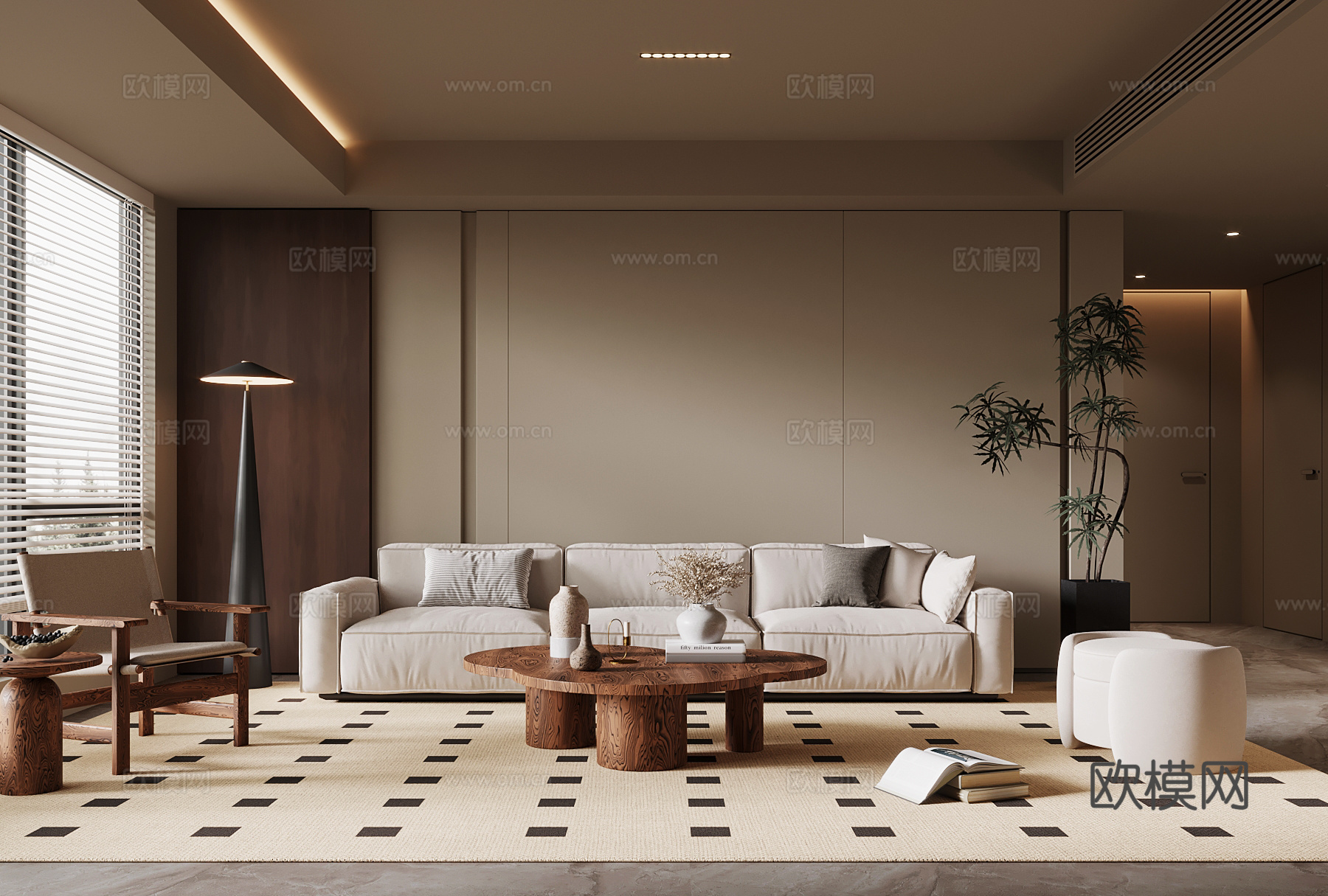 中古风客厅 沙发茶几组合 背景墙su模型