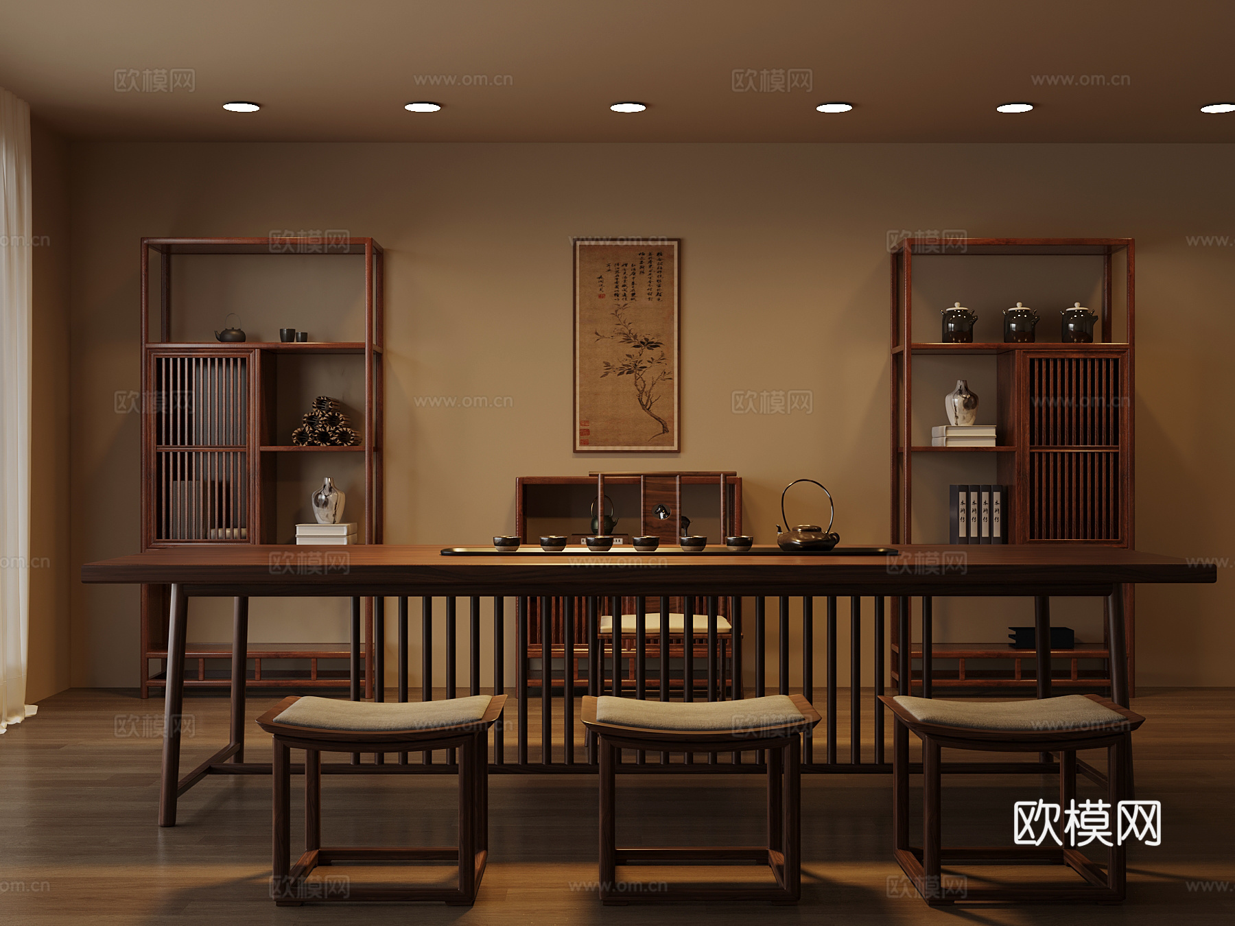茶室 新中式茶室 茶台 博古架su模型