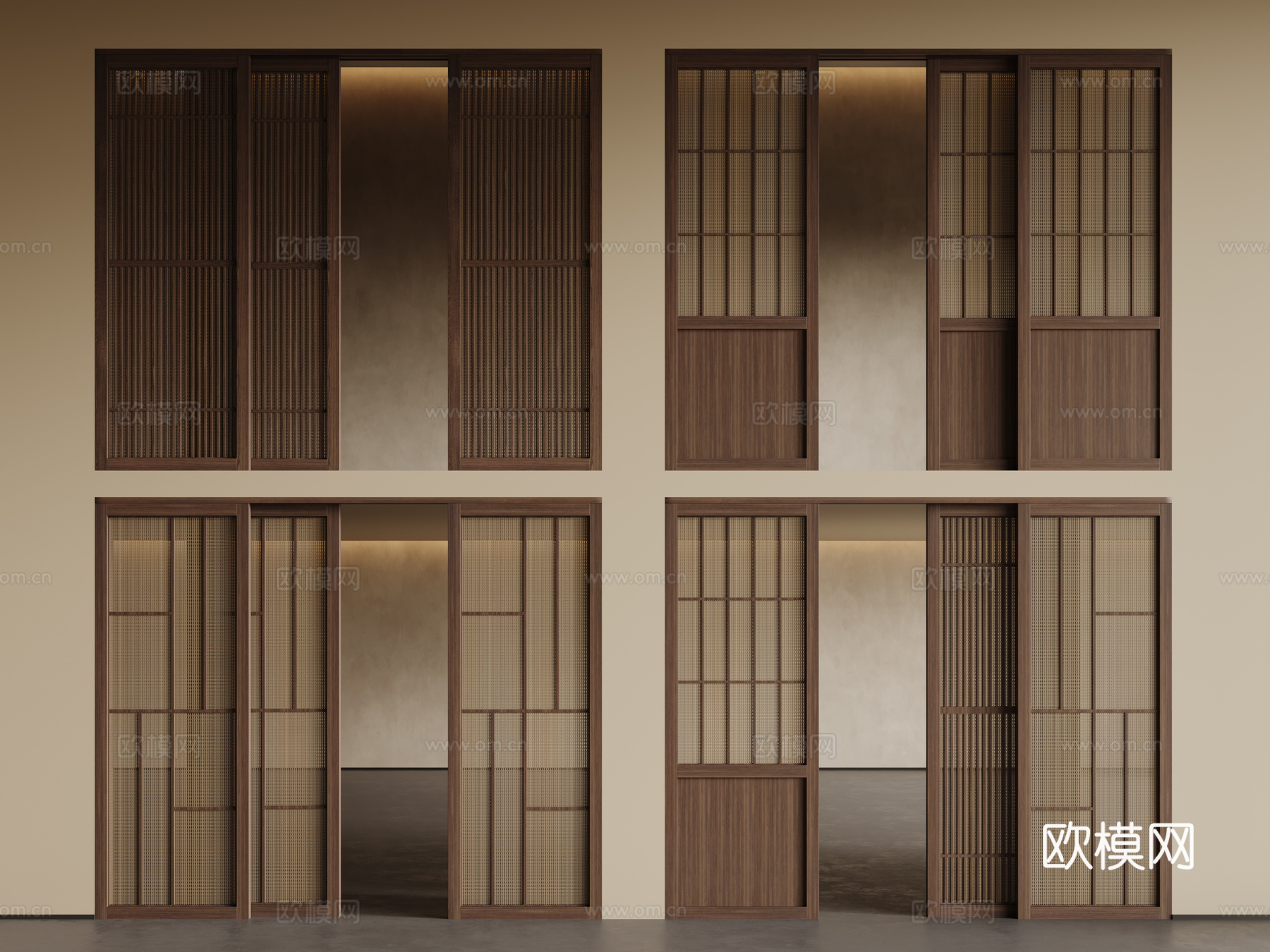 中古侘寂推拉门 藤编木移门su模型