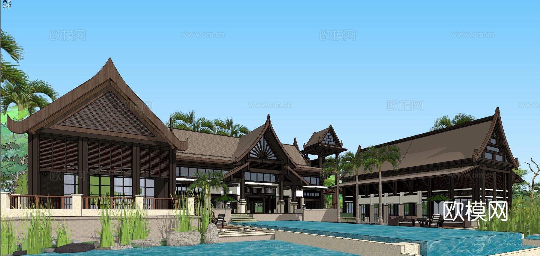 傣式风格滨水休闲度假会所su模型