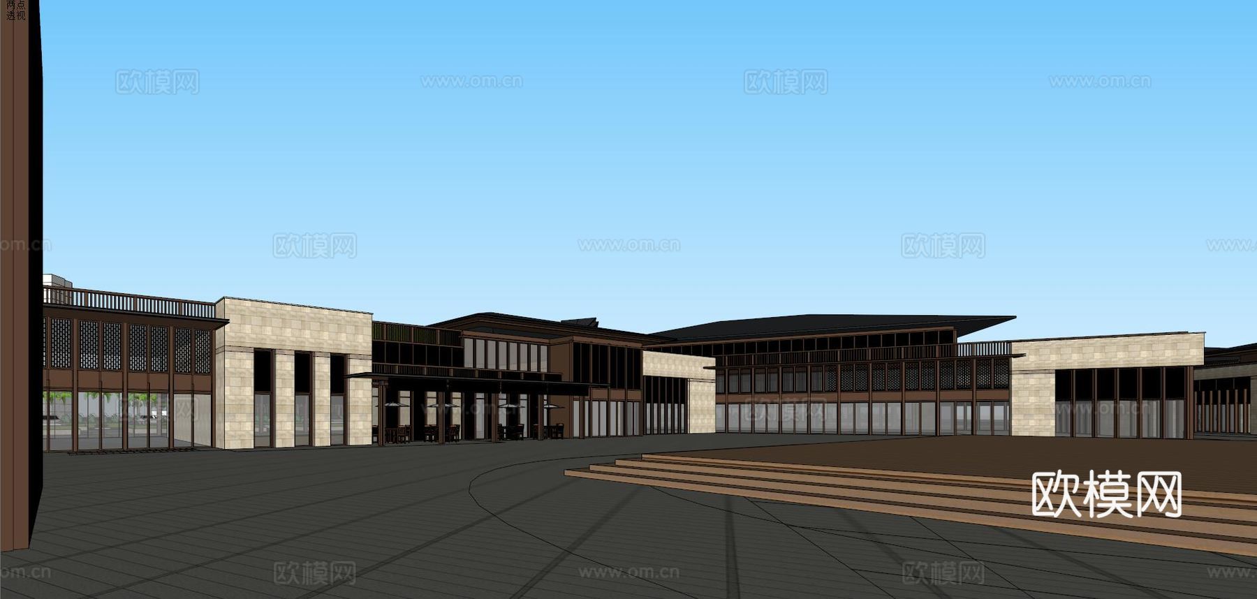 度假村中式会所+商业街su模型