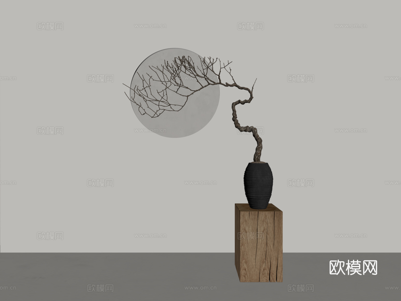 盆景 新中式干枝盆景 绿植 盆栽su模型