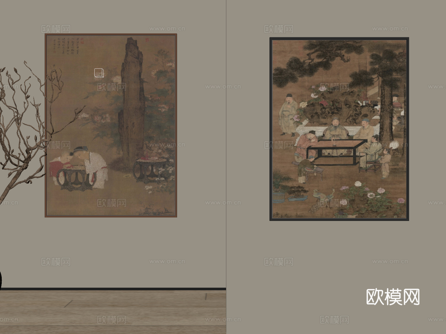 挂画 宋式中古风挂画 装饰画 盆景盆栽su模型