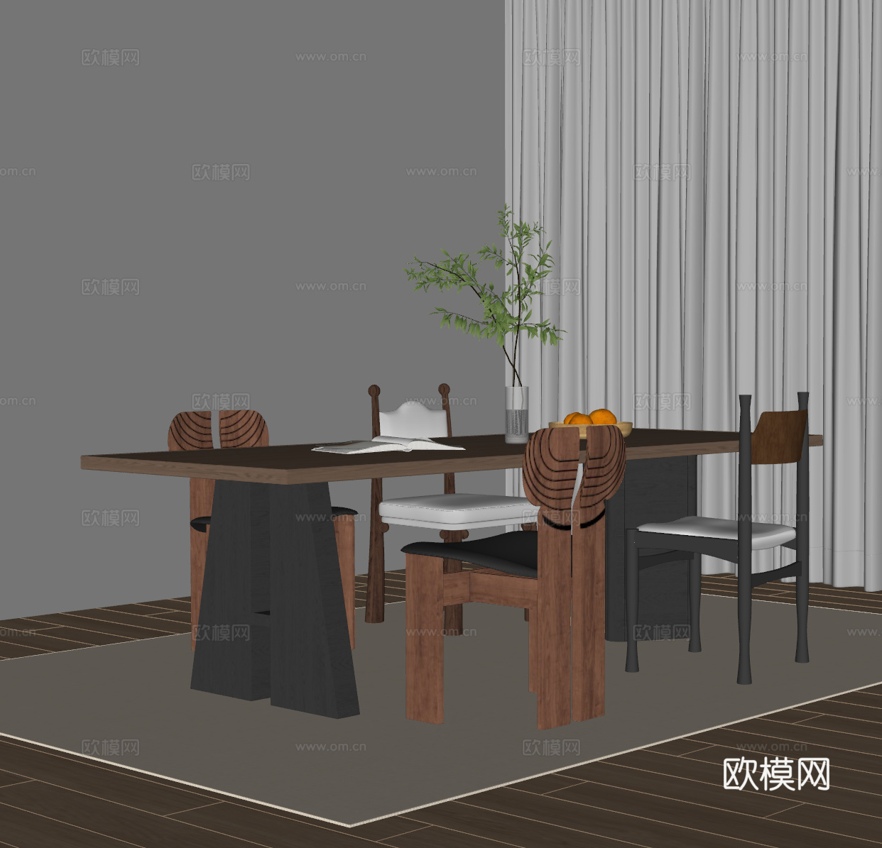 法式中古风餐桌椅组合 实木餐桌 木质餐椅 长餐桌 中古风餐厅su模型