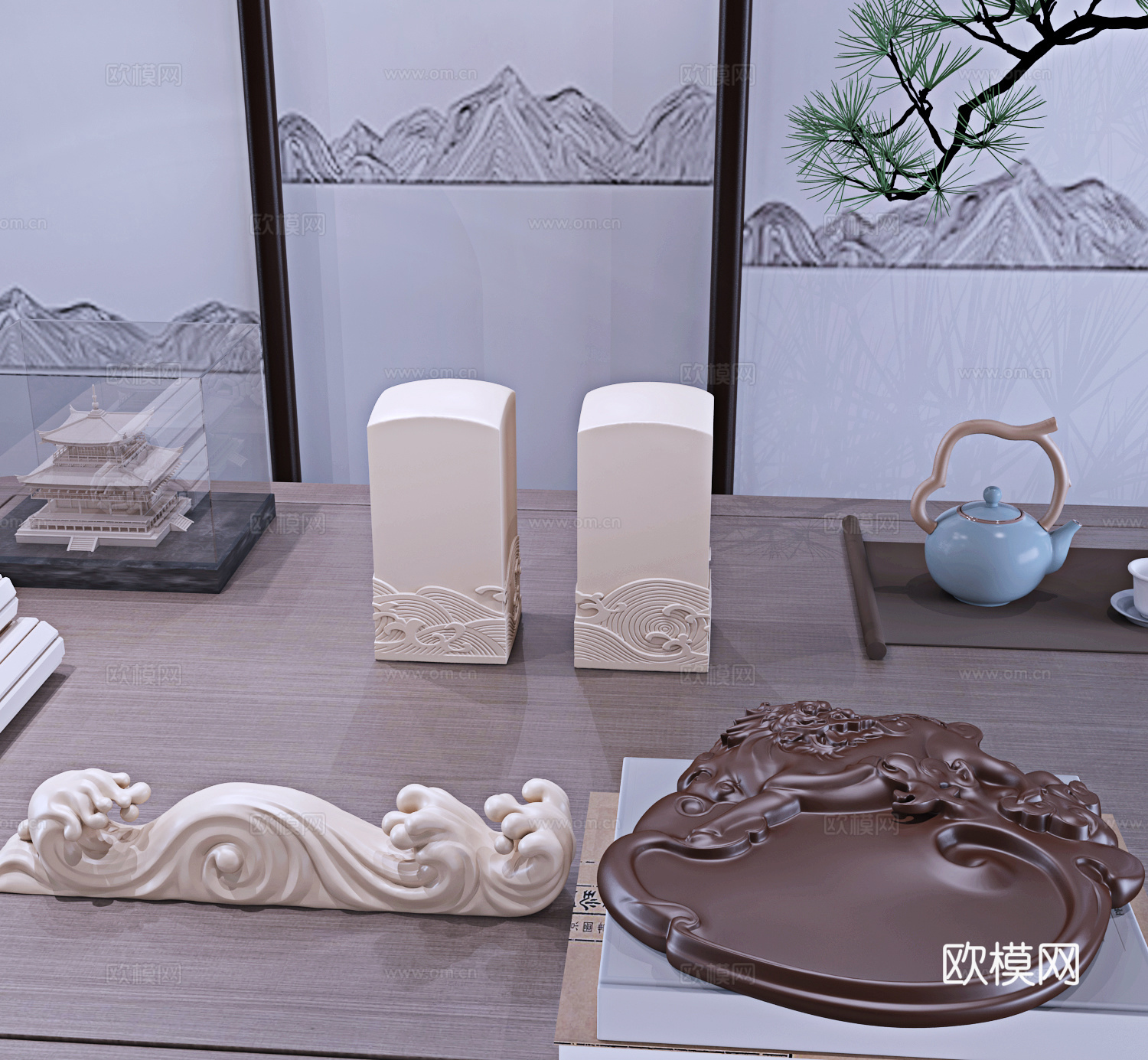 现代新中式麒麟砚台波浪笔架文房摆件组合3d模型