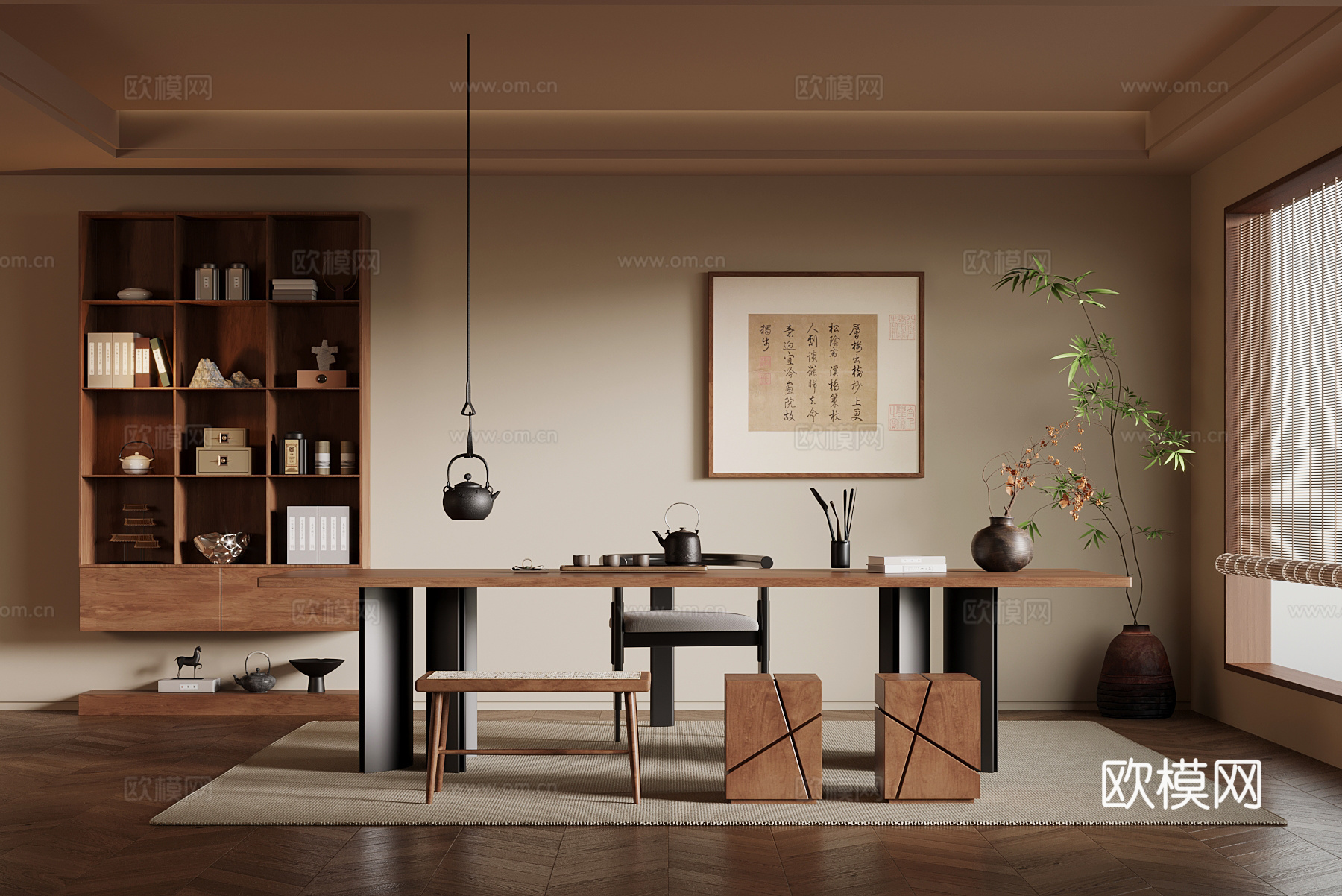 茶室 中古风茶室 茶台博古架su模型