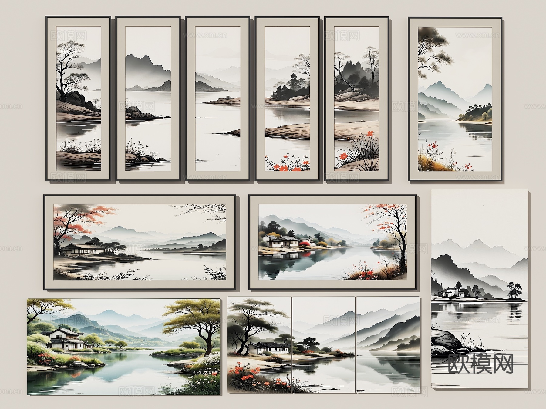 山水挂画 新中式挂画 中式装饰画 组合山水画 客厅挂画 壁画3d模型