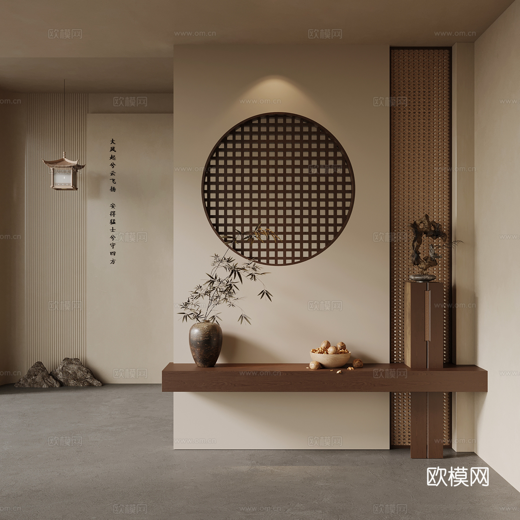中古风玄关隔断 新中式玄关隔断  端景台 花瓶 装饰画su模型