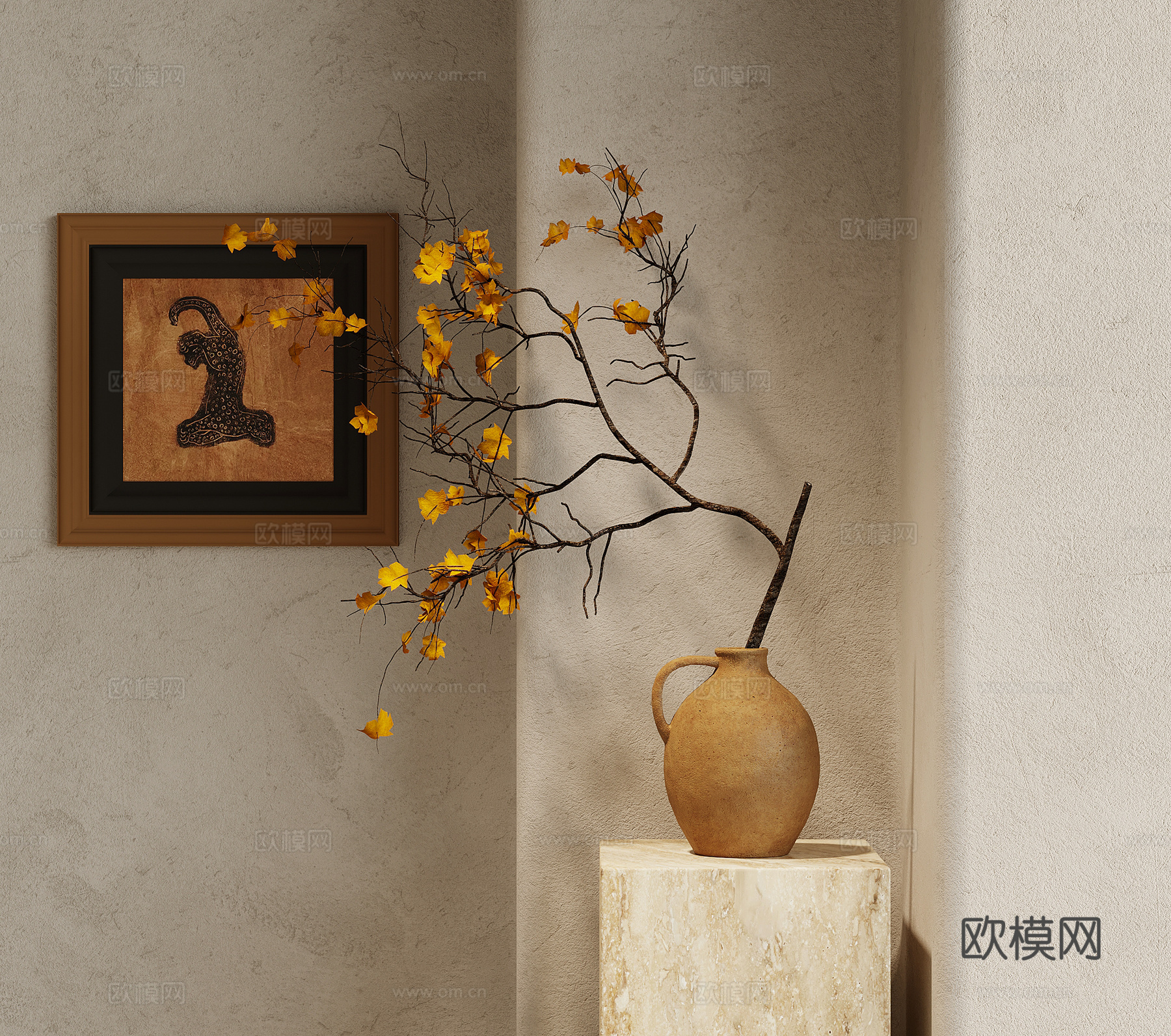 绿植 中古风绿植盆栽 干枝盆景 装饰挂画su模型