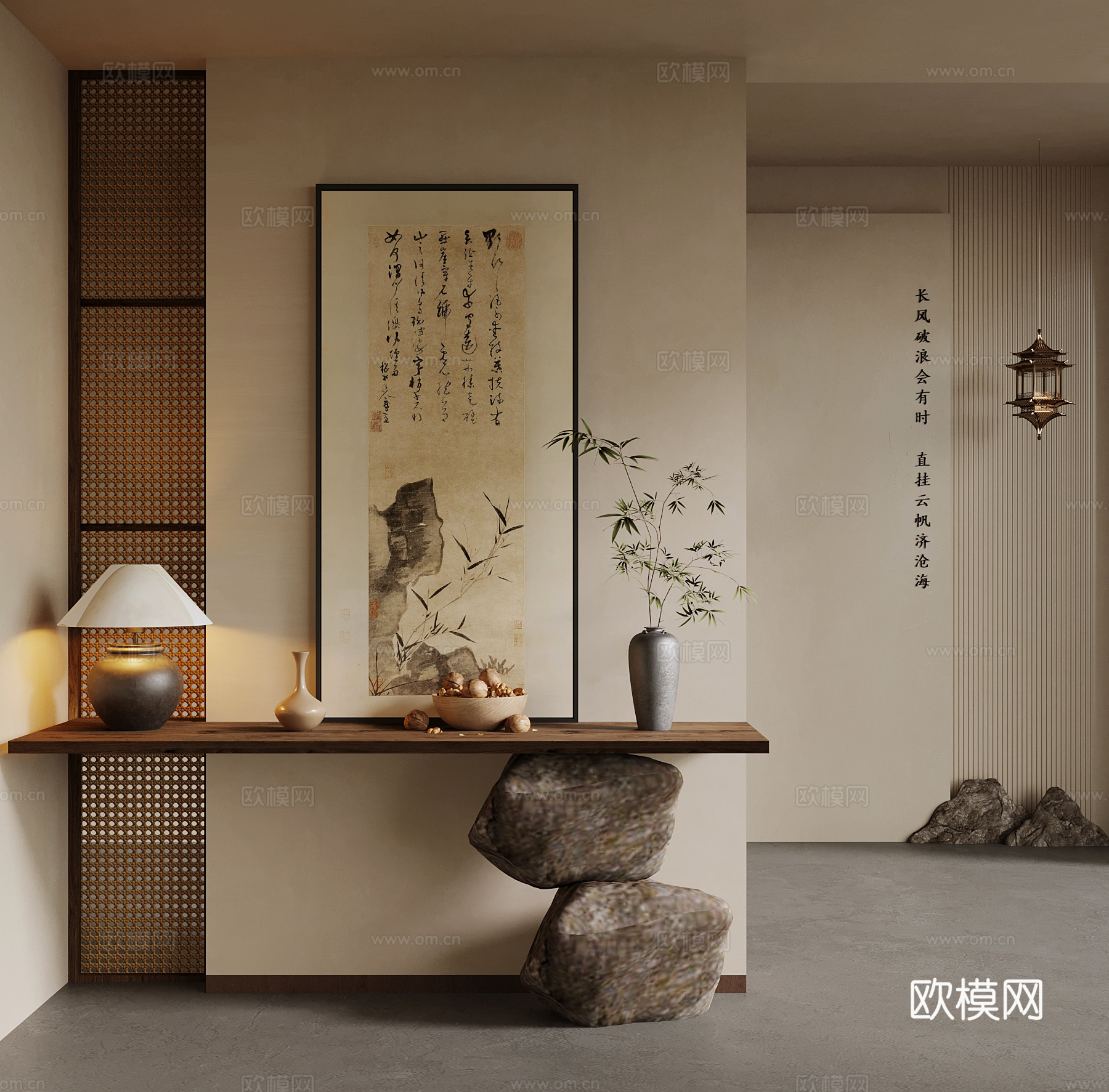 中古风玄关隔断 新中式玄关隔断  端景台 花瓶 装饰画su模型