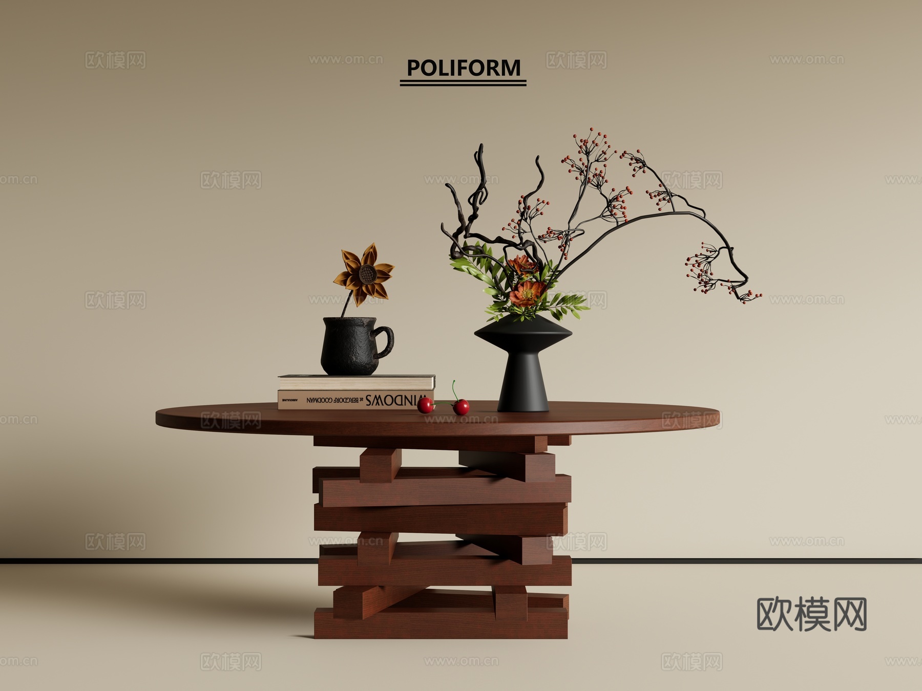 中古茶几 中古风茶几 花瓶摆件su模型