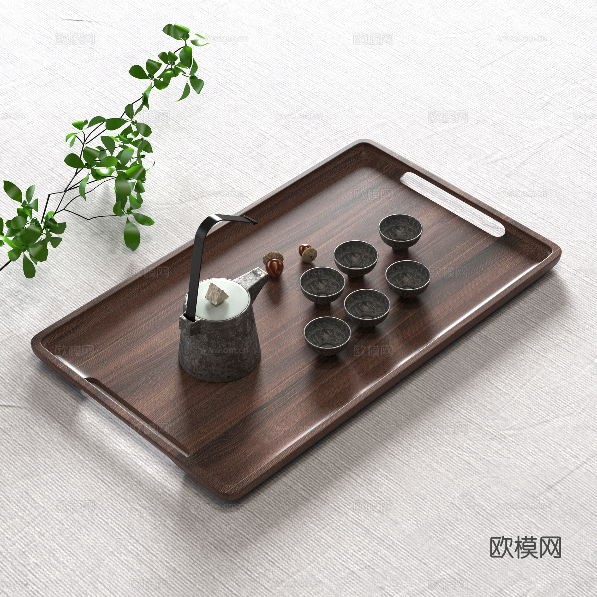 新中式托盘 茶盘摆件 胡桃木茶盘 桌面摆件 装饰品组合3d模型