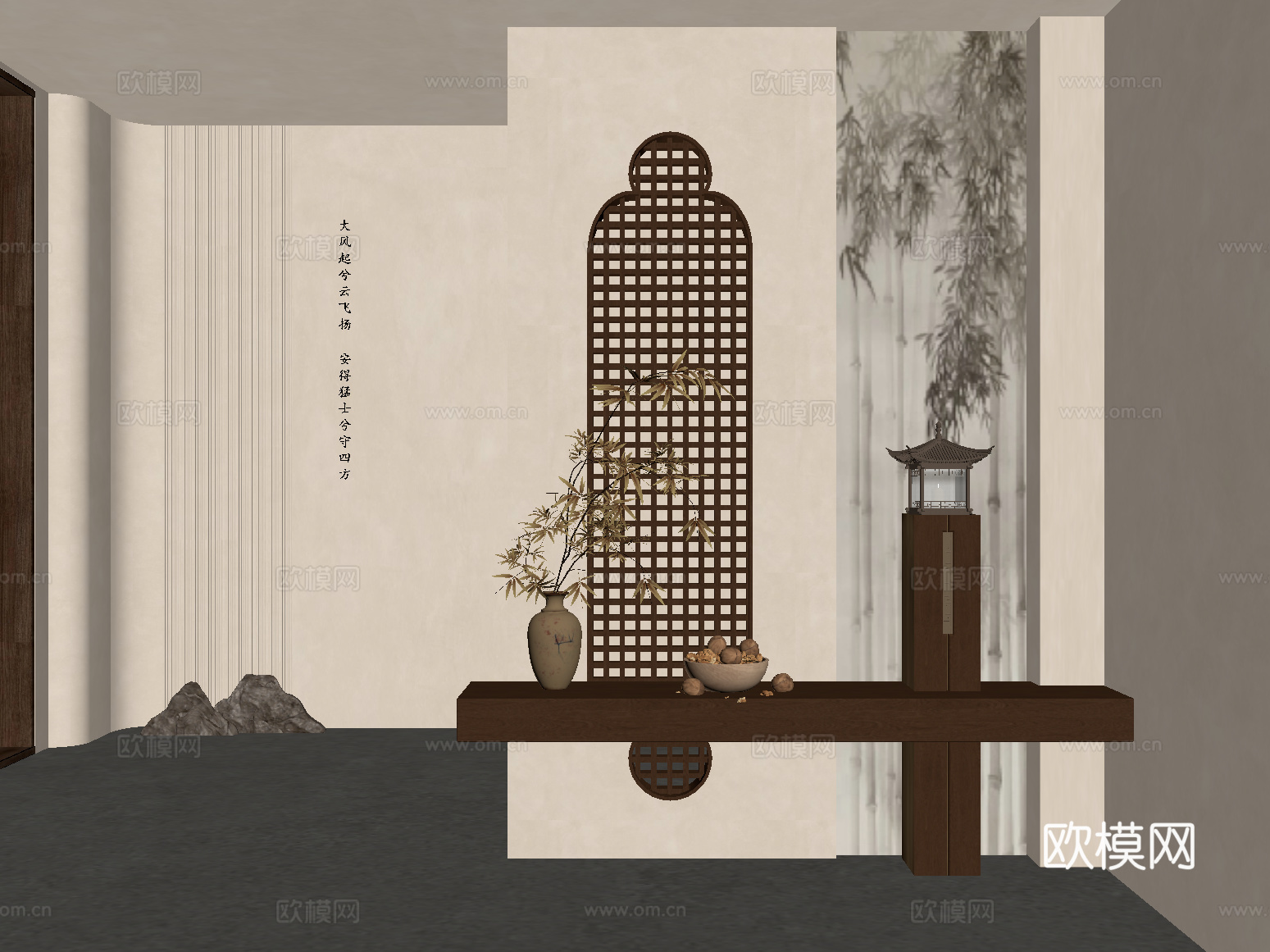 中古风玄关隔断 新中式玄关隔断  端景台 花瓶 装饰画su模型