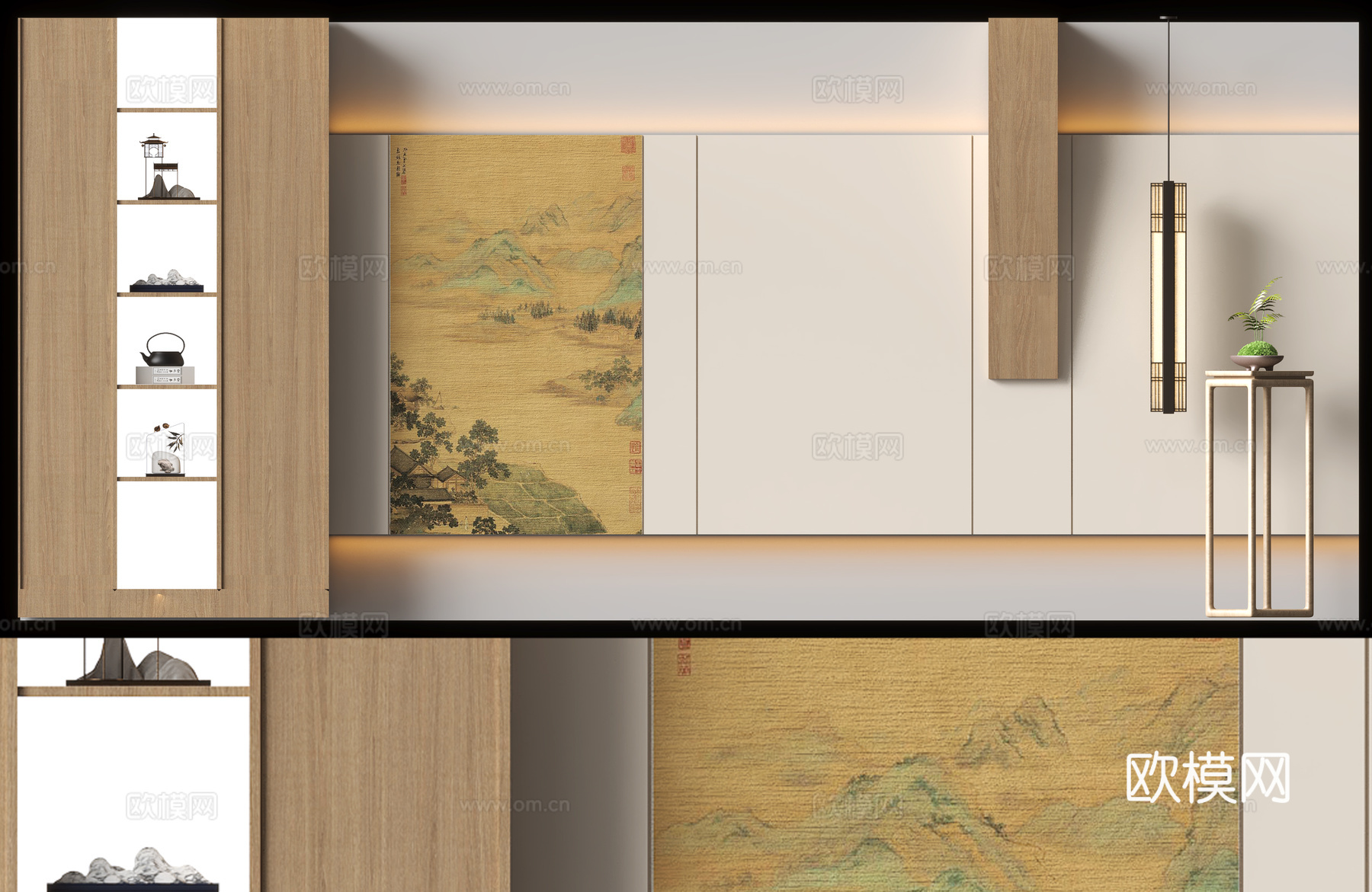 中古风背景墙 新中式背景墙su模型