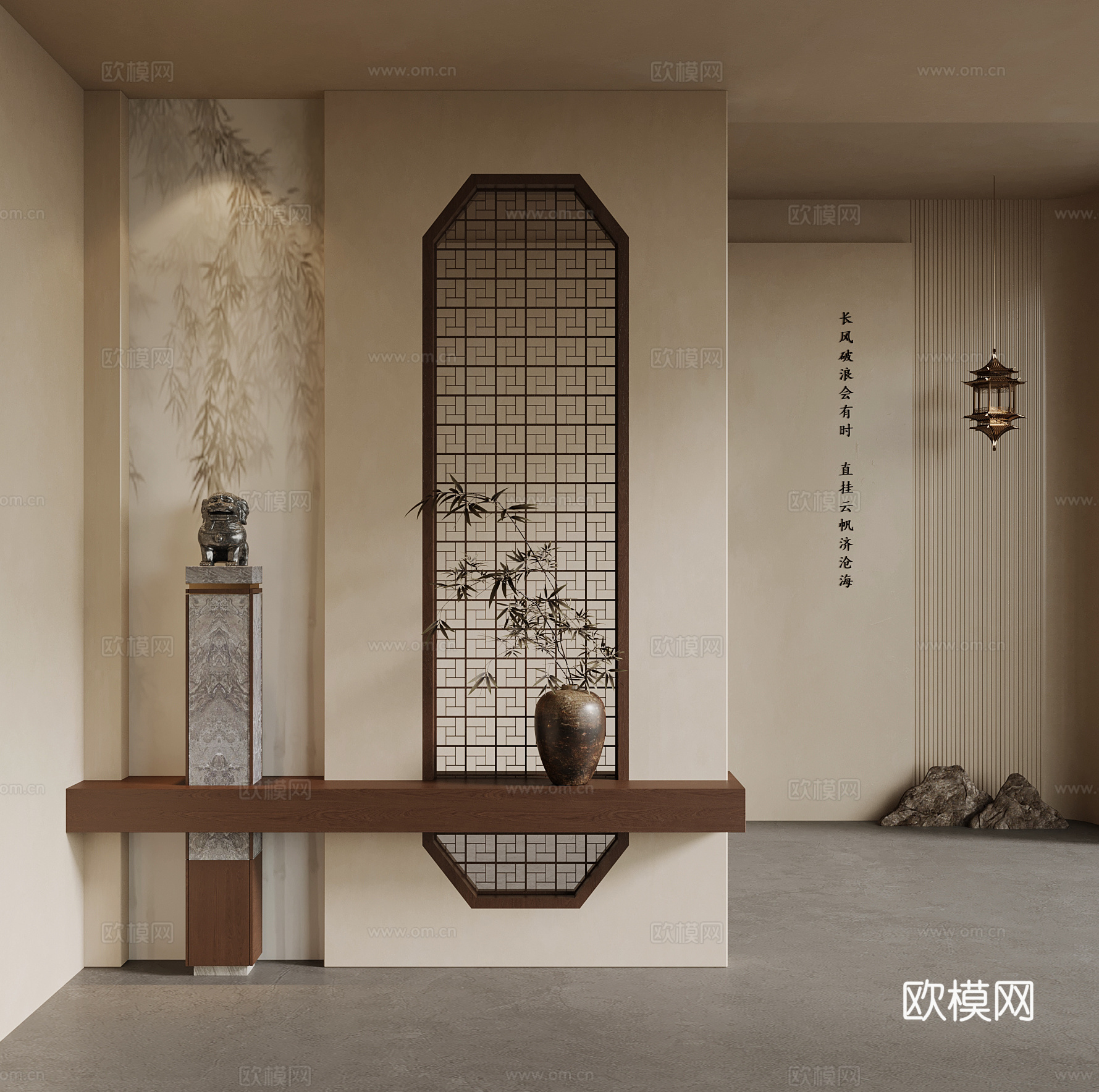 中古风玄关隔断 新中式玄关隔断  端景台 花瓶 装饰画su模型