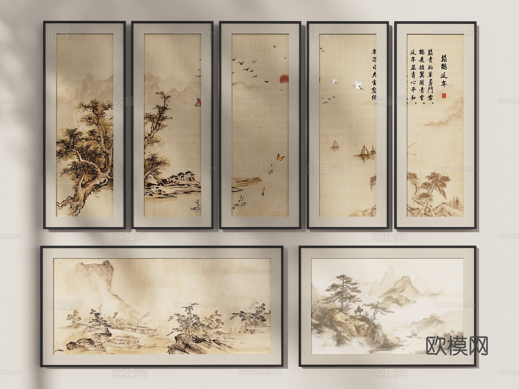 山水挂画 新中式挂画 中式装饰画 组合山水画 客厅挂画 壁画3d模型