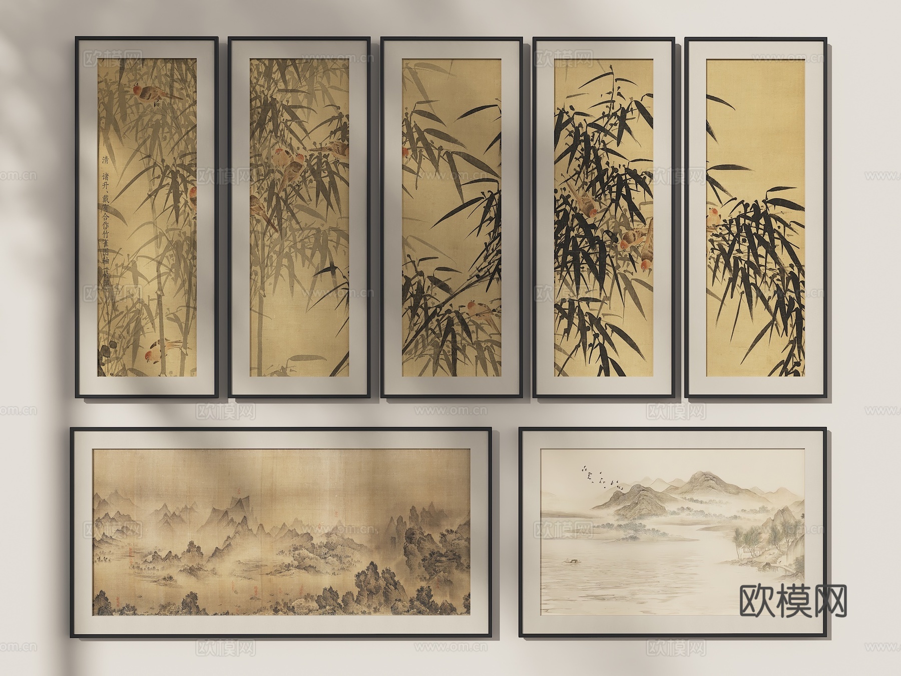山水挂画 新中式挂画 中式装饰画 组合山水画 客厅挂画 壁画3d模型