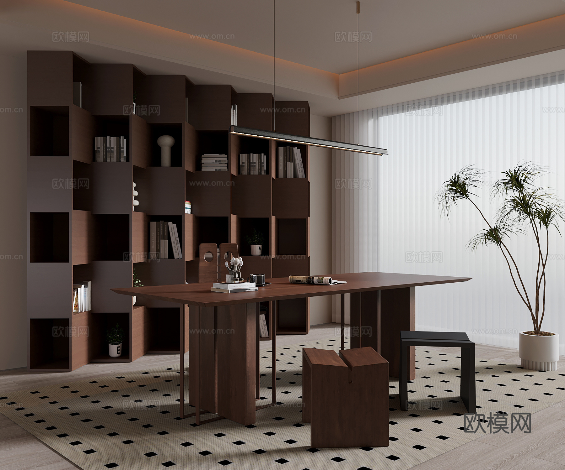 书房 中古风书房 书桌椅 绿植su模型