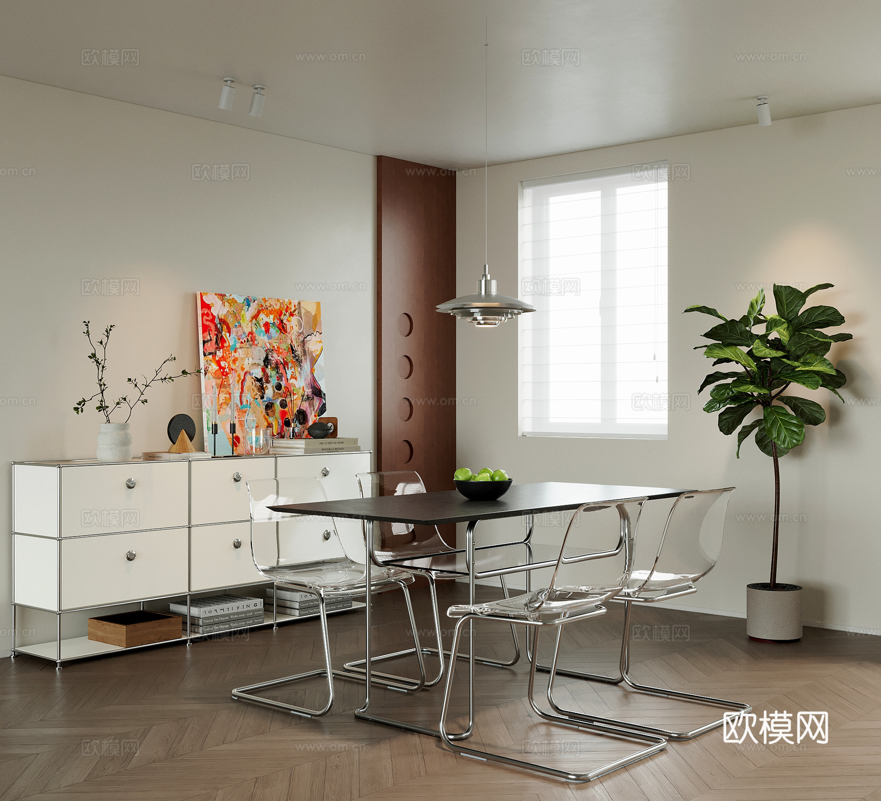 餐厅 现代极简餐厅 餐桌椅组合 边柜su模型
