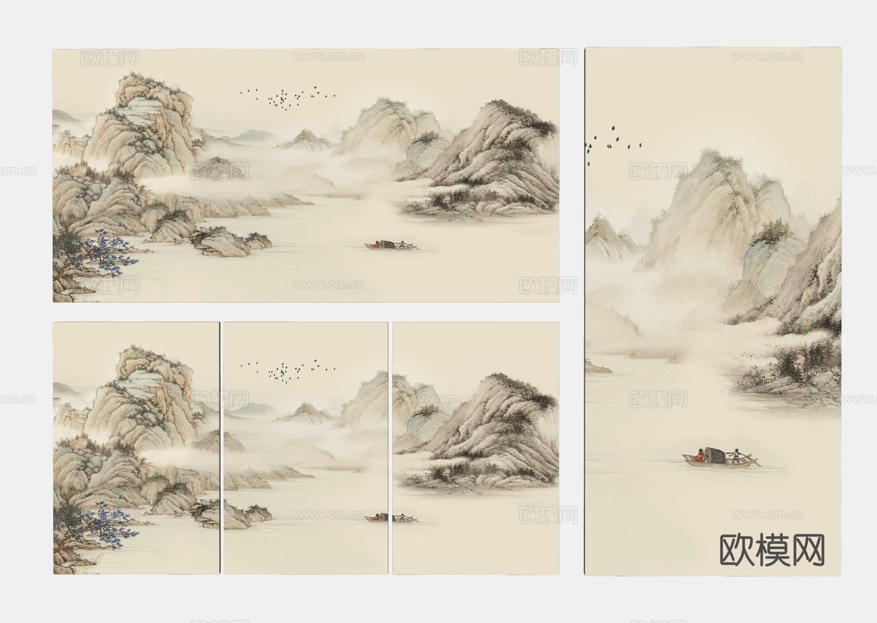 山水挂画 新中式挂画 中式装饰画 组合山水画 客厅挂画 壁画su模型